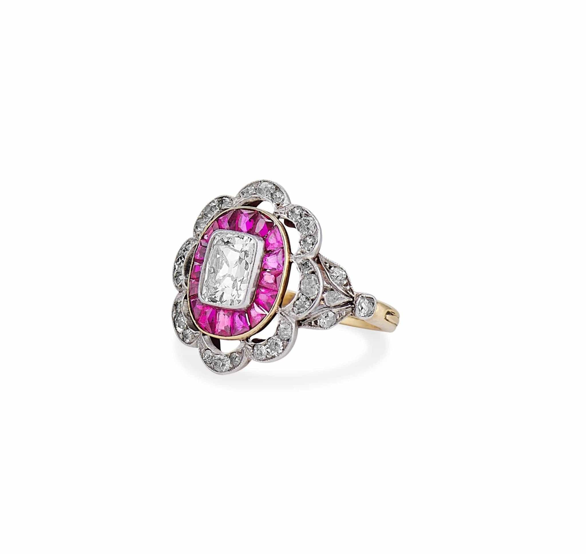 Edwardian One Carat Old Mine Cut Diamond & Ruby Scalloped Ring