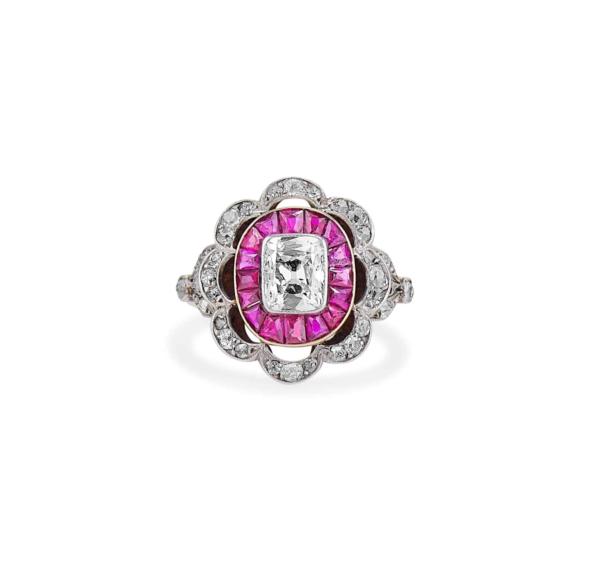 Edwardian One Carat Old Mine Cut Diamond & Ruby Scalloped Ring - Image 2