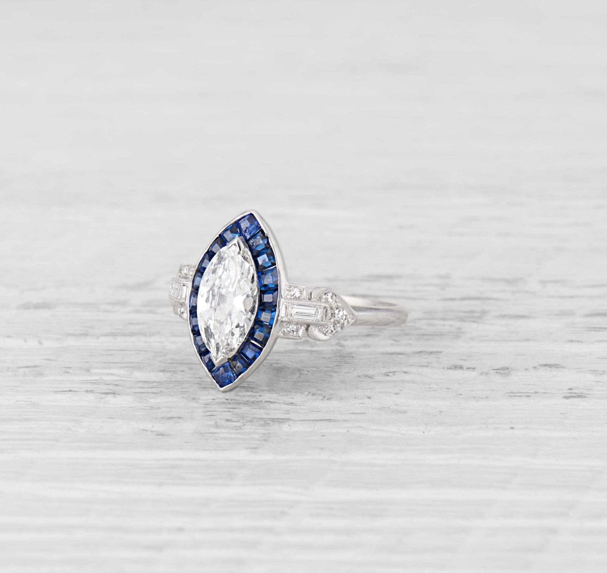 1.07 Carat Art Deco Diamond and Sapphire Engagement Ring