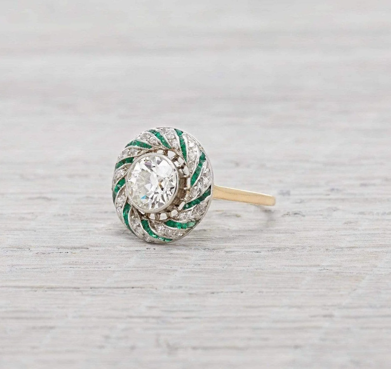 1.15 Carat Edwardian Diamond and Emerald Engagement Ring
