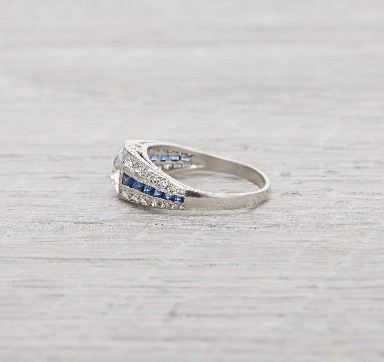 1.50 Carat Art Deco Sapphire and Diamond Engagement Ring - Image 3