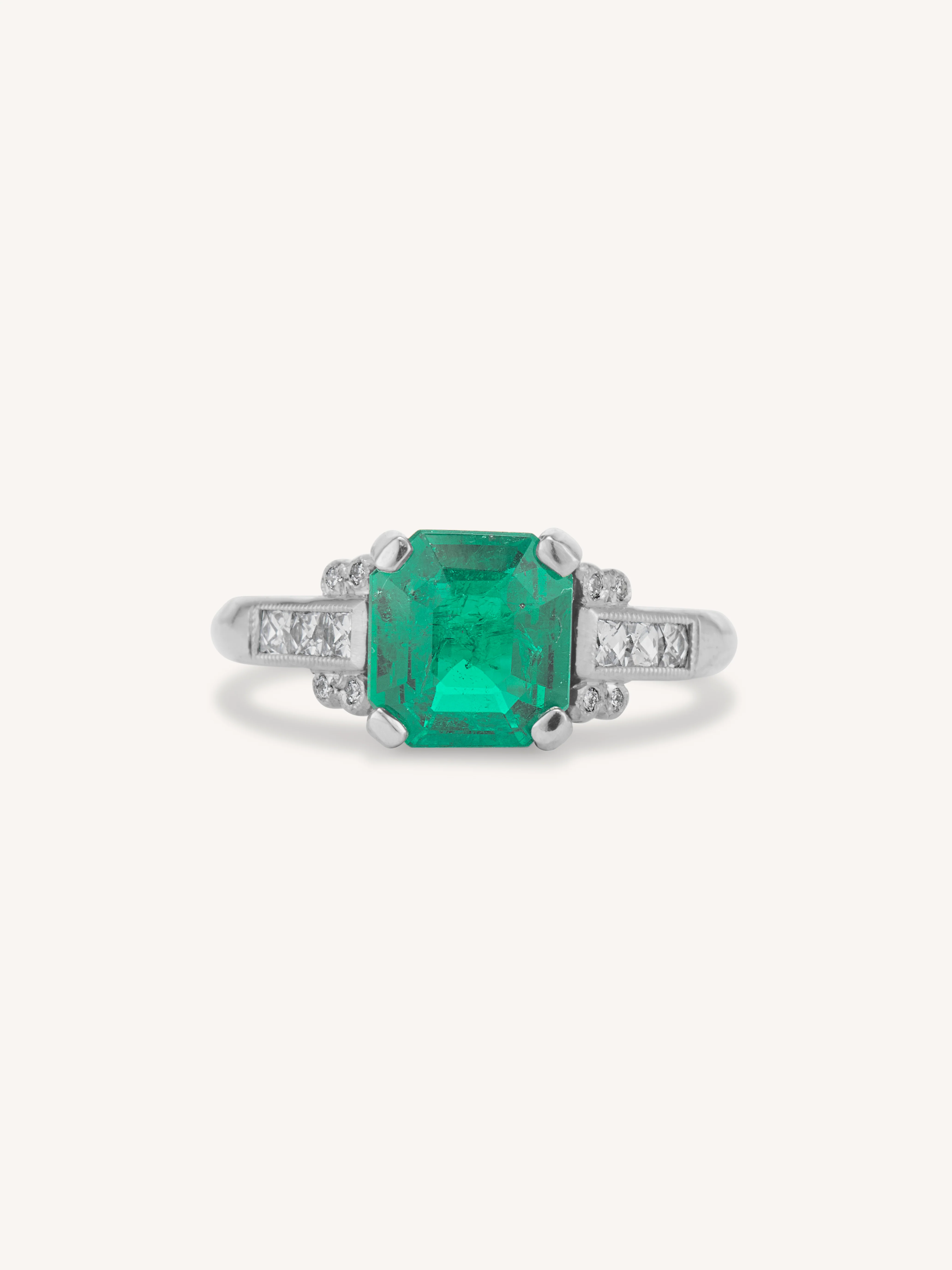 Vintage 1.64 Carat Octagonal Step Cut Emerald Vintage Engagement Ring, English