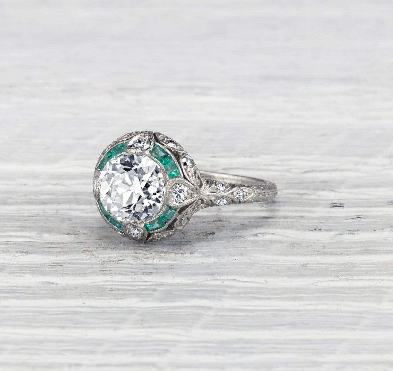 1.87 Carat Edwardian Diamond and Emerald Engagement Ring