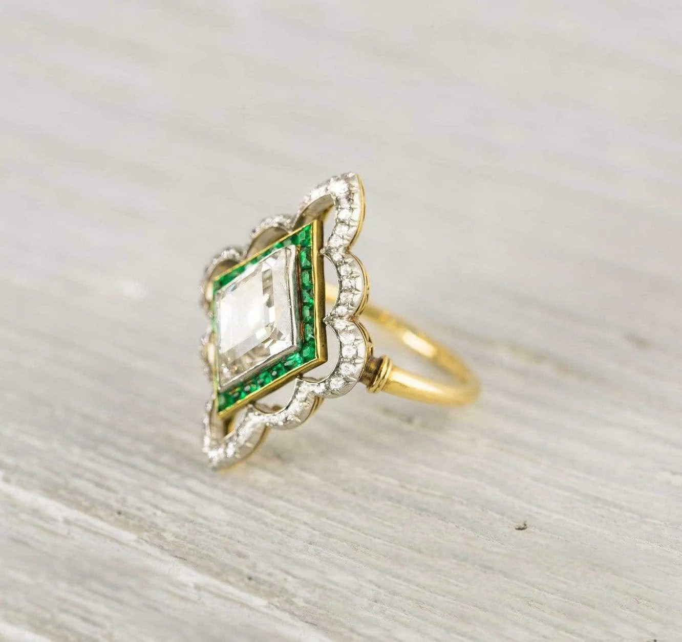 2.80 Carat Platinum on Gold Edwardian Diamond & Emerald Engagement Ring