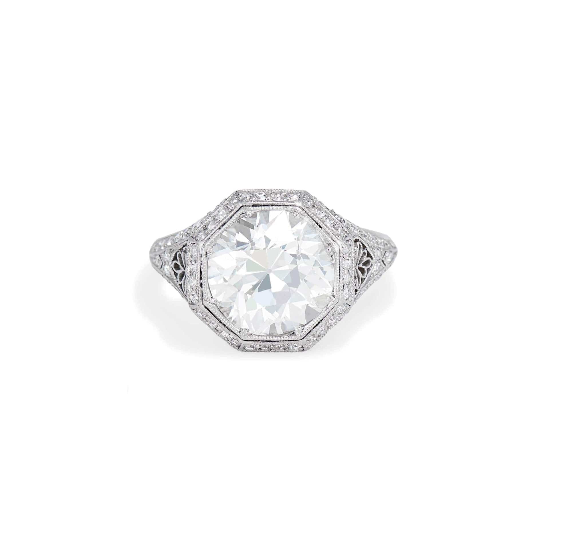 Art Deco 3.47 Carat Old European Cut Diamond Filigree Ring