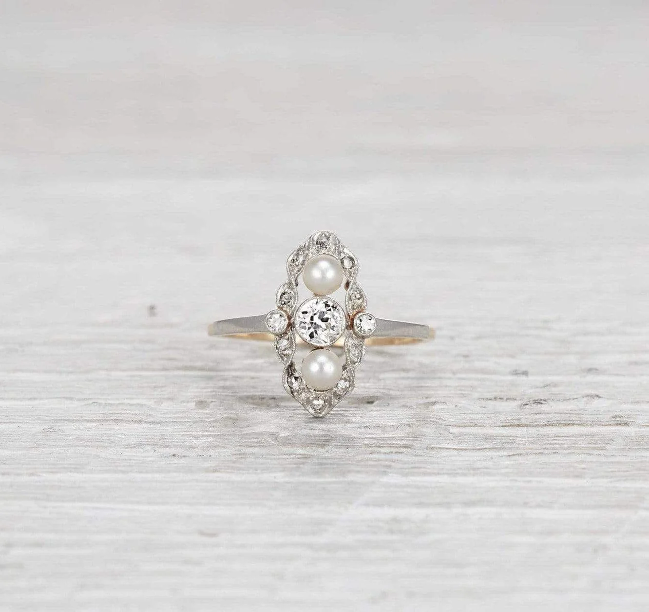 .30 Carat Edwardian Diamond and Pearl Navette Ring - Image 2