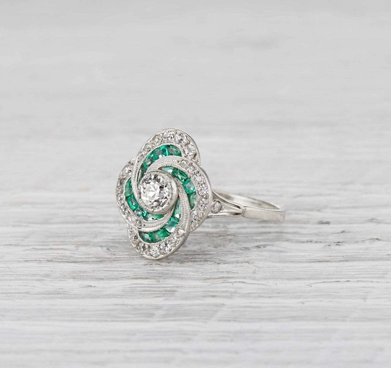 .35 Carat Art Deco Diamond and Emerald Ring