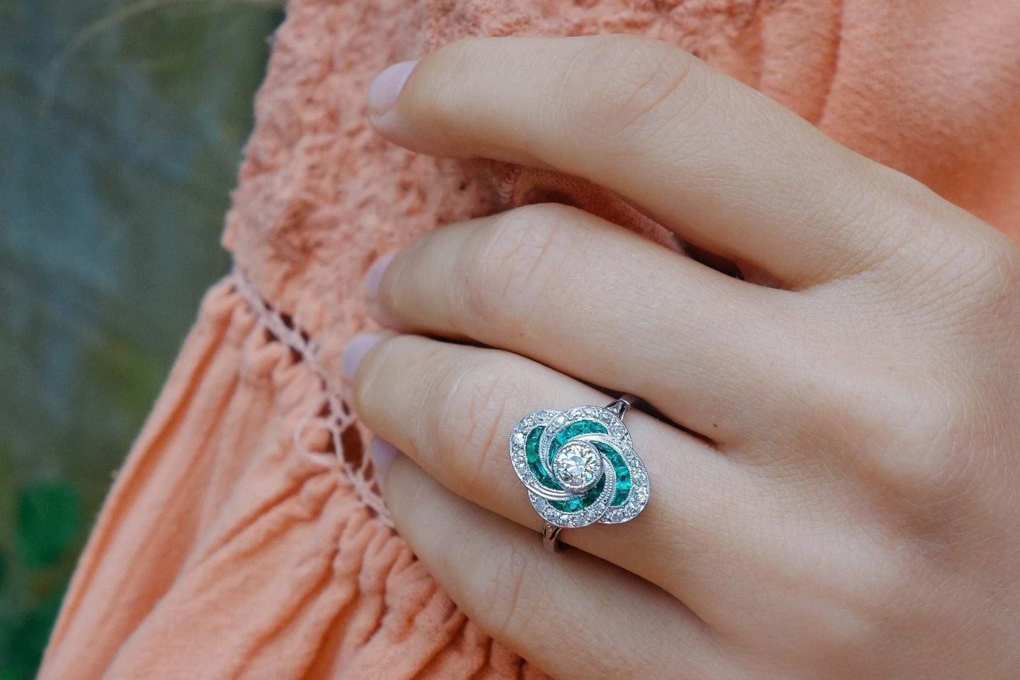 .35 Carat Art Deco Diamond and Emerald Ring - Image 6