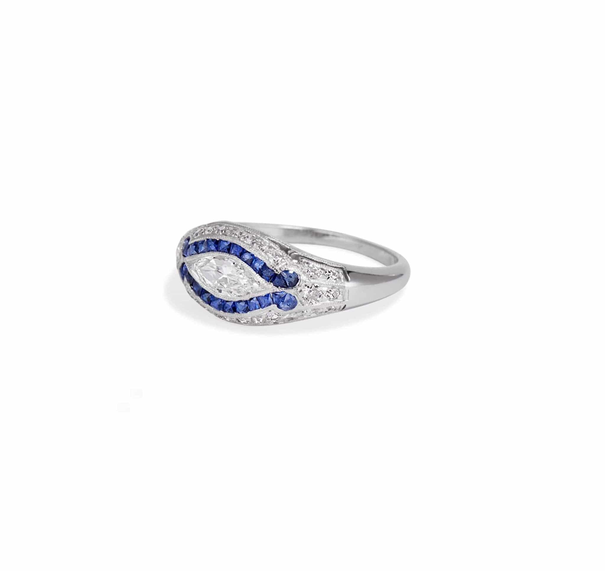 Egyptian Revival Art Deco .40 Carat Marquise Diamond & Sapphire Ring