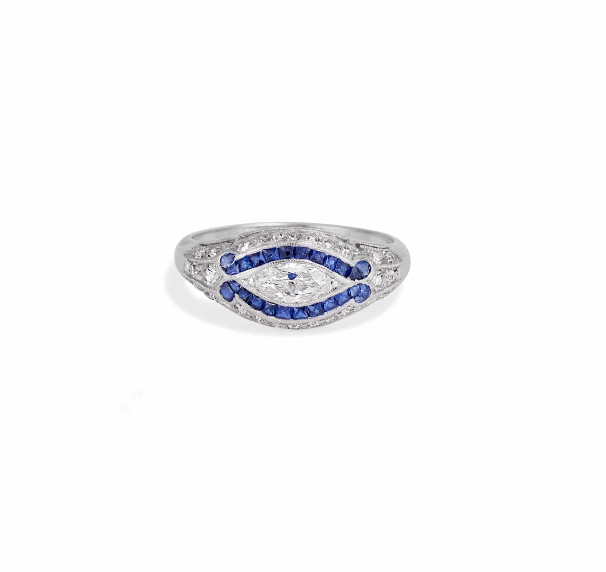 Egyptian Revival Art Deco .40 Carat Marquise Diamond & Sapphire Ring - Image 2