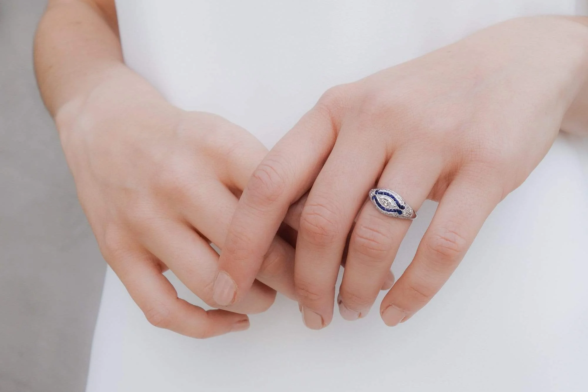 Egyptian Revival Art Deco .40 Carat Marquise Diamond & Sapphire Ring - Image 5