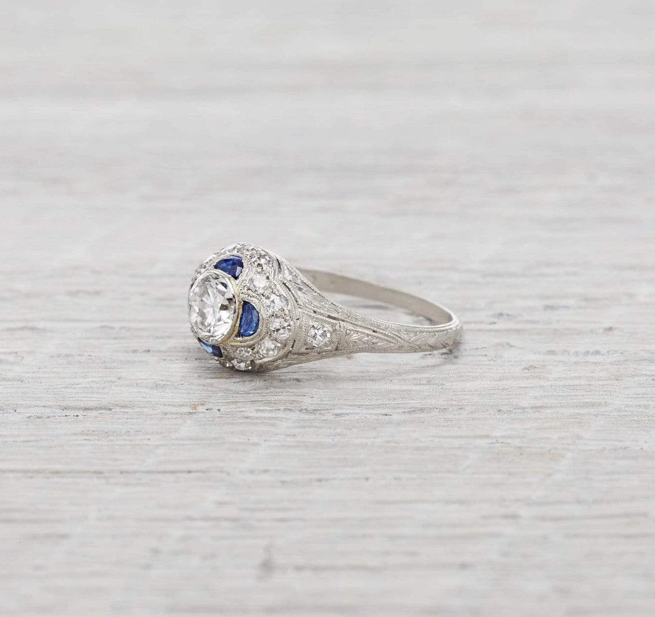 .63 Carat Art Deco Diamond & Sapphire Engagement Ring