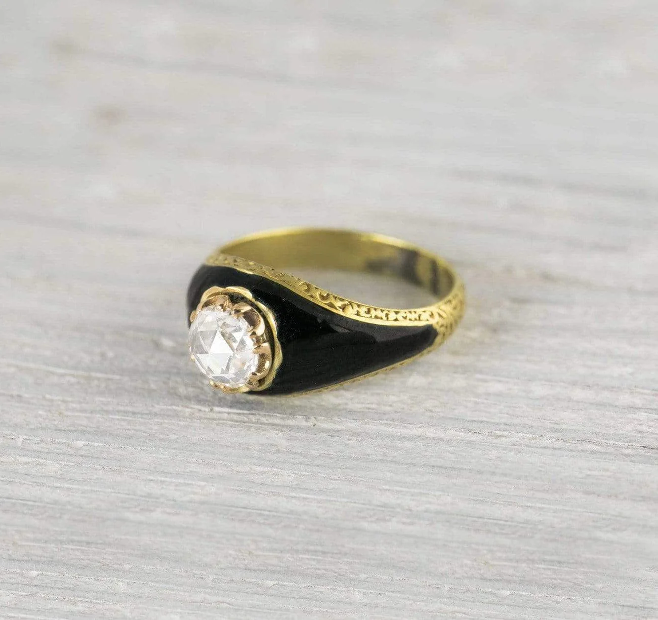 .72 Carat Antique Victorian Rose Cut Diamond & Black Enamel Engagement Ring