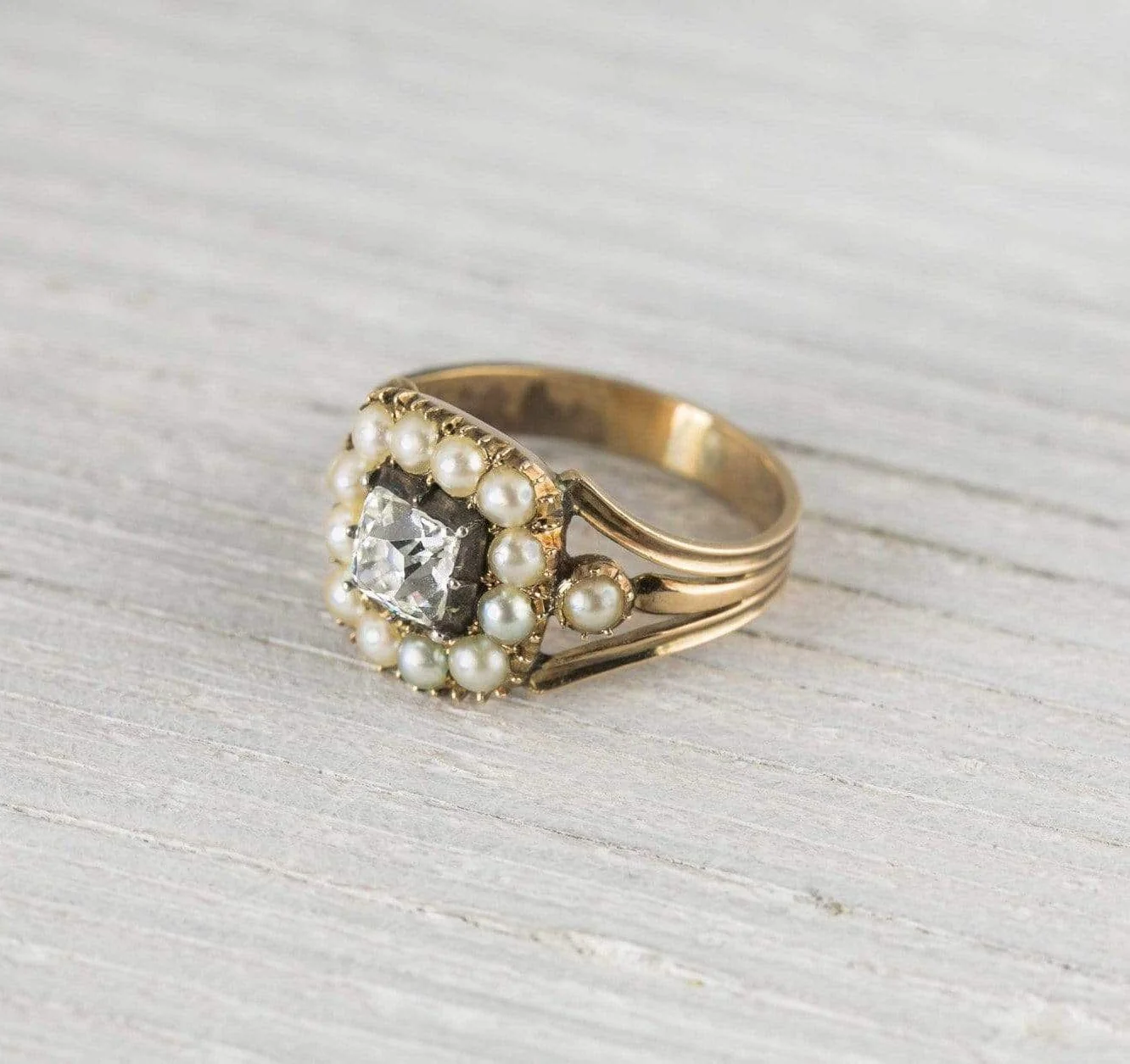 .90 Carat Antique Victorian Pearl & Diamond Gold Engagement Ring