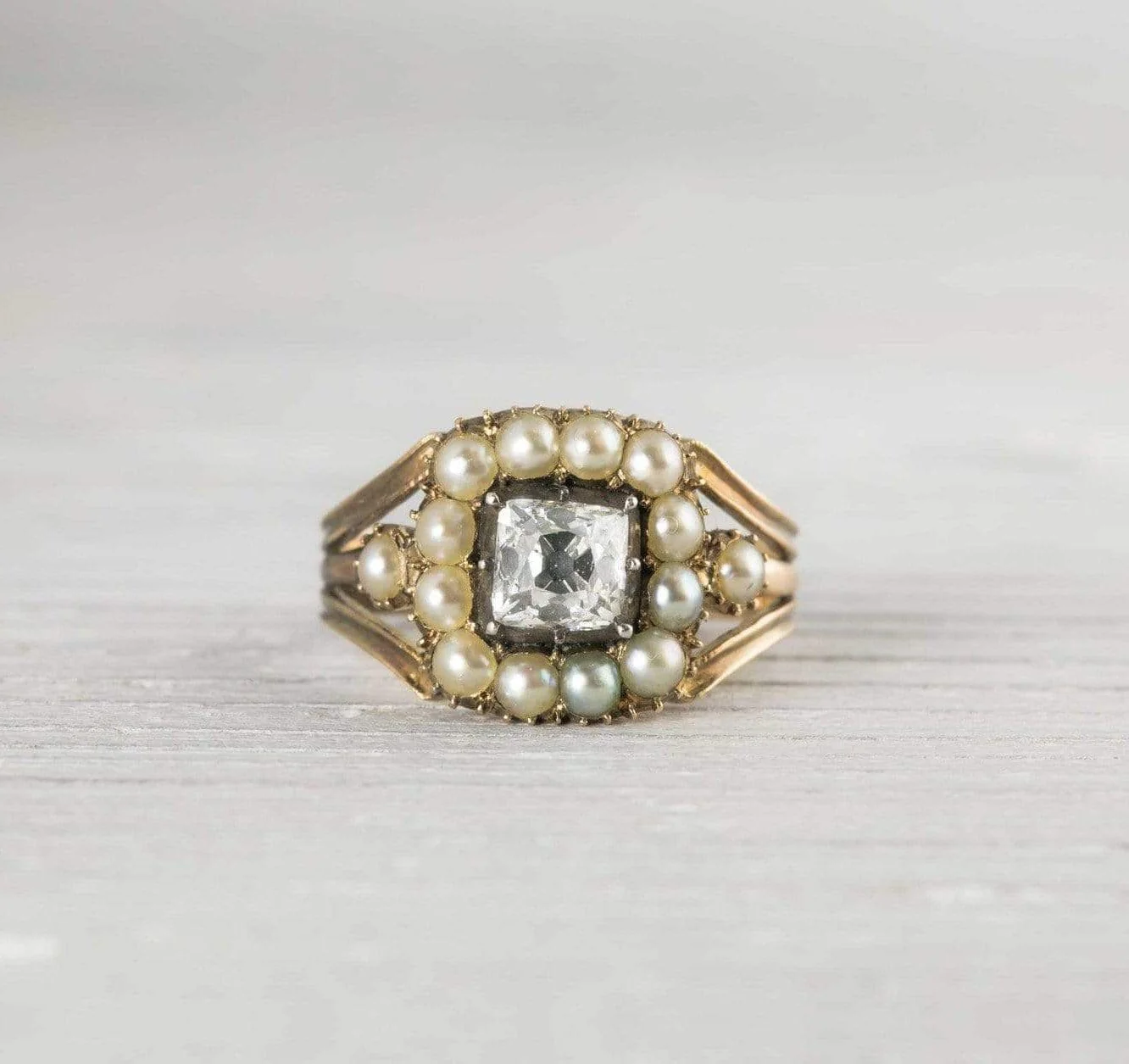 .90 Carat Antique Victorian Pearl & Diamond Gold Engagement Ring - Image 2