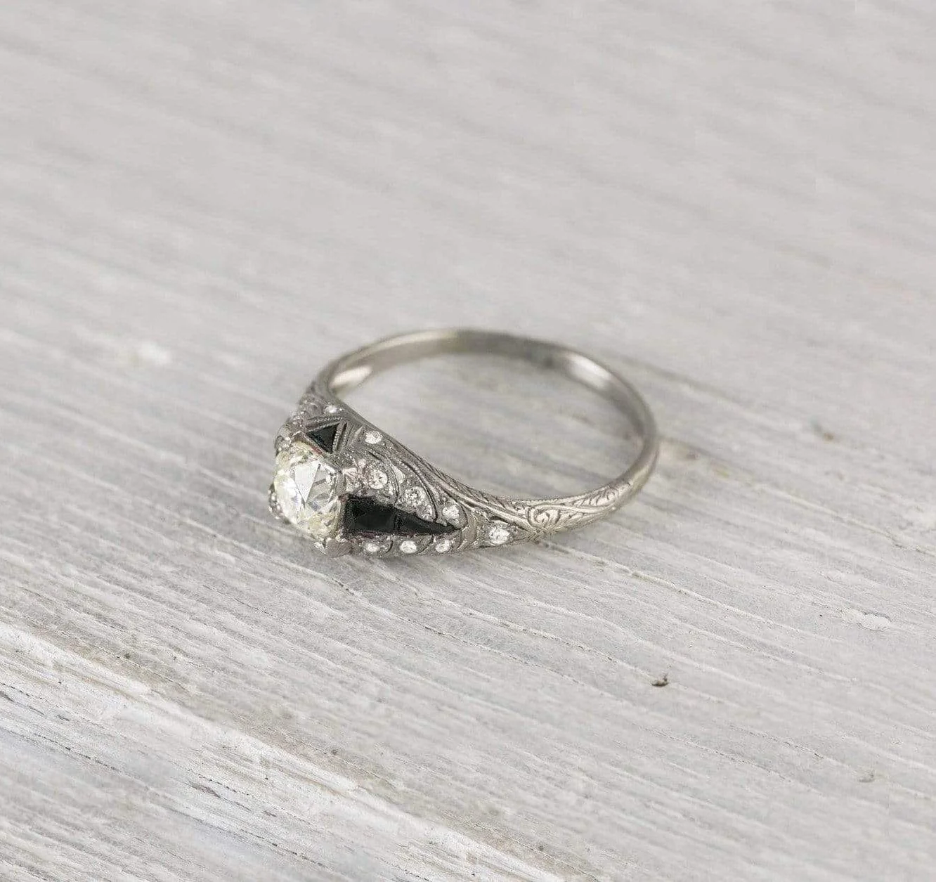 .95 Carat Vintage Diamond & Onyx Engagement Ring
