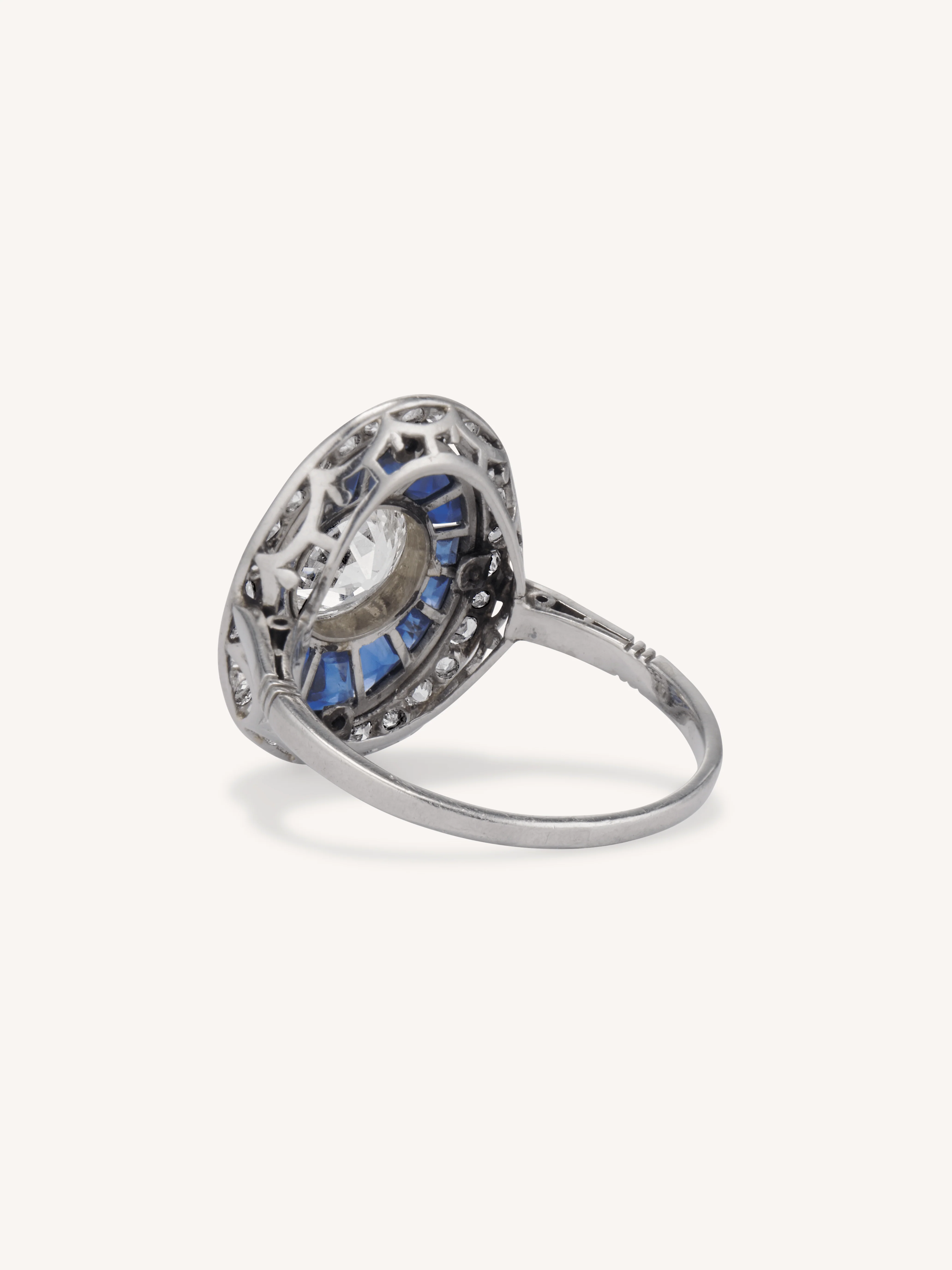 Art Deco 1.19 Carat Old European Cut Diamond & Sapphire Antique Target Ring - Image 5