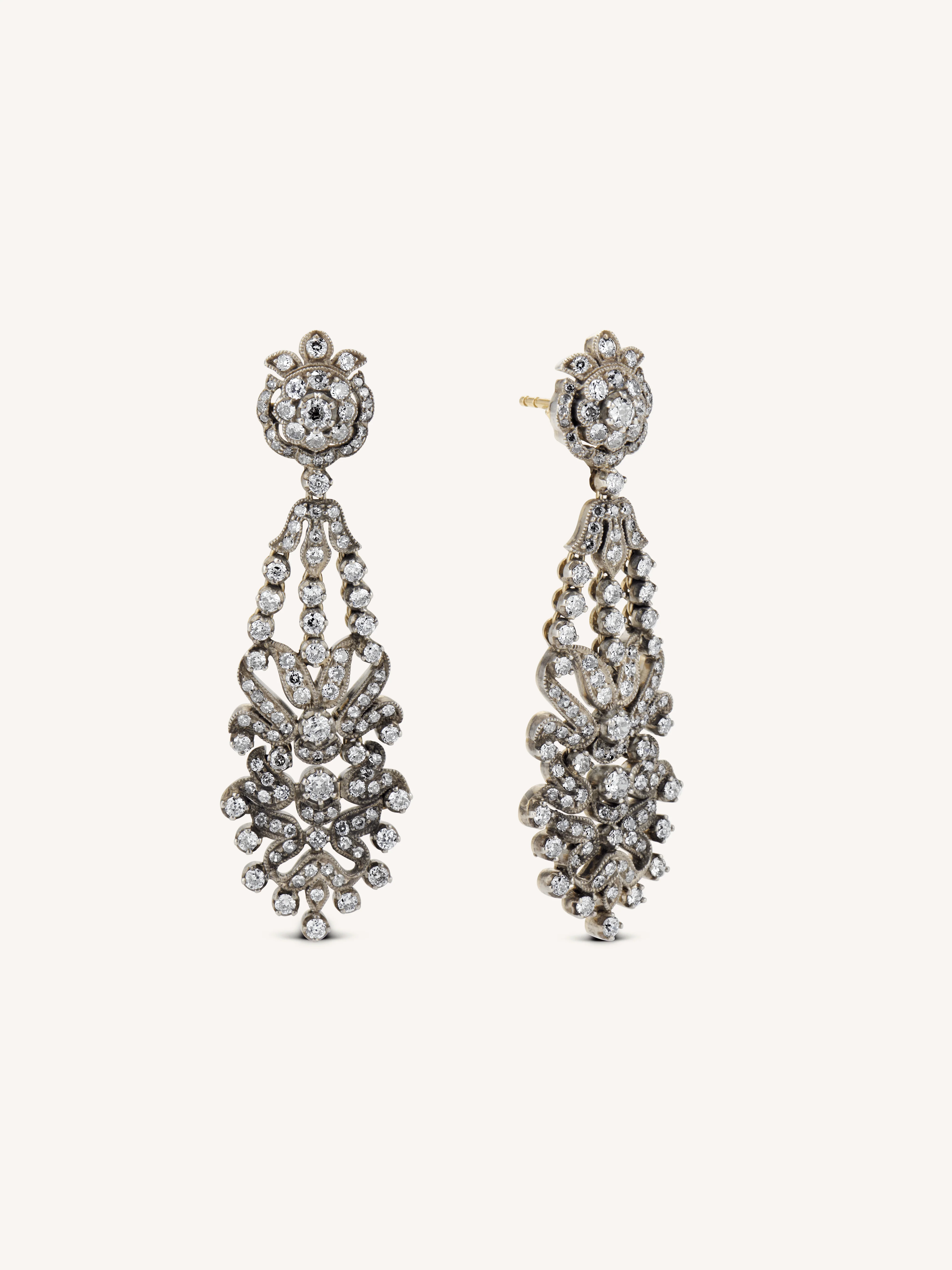 Antique Old Mine Cut Diamond Silver-Topped Gold Pendant Earrings - Image 4