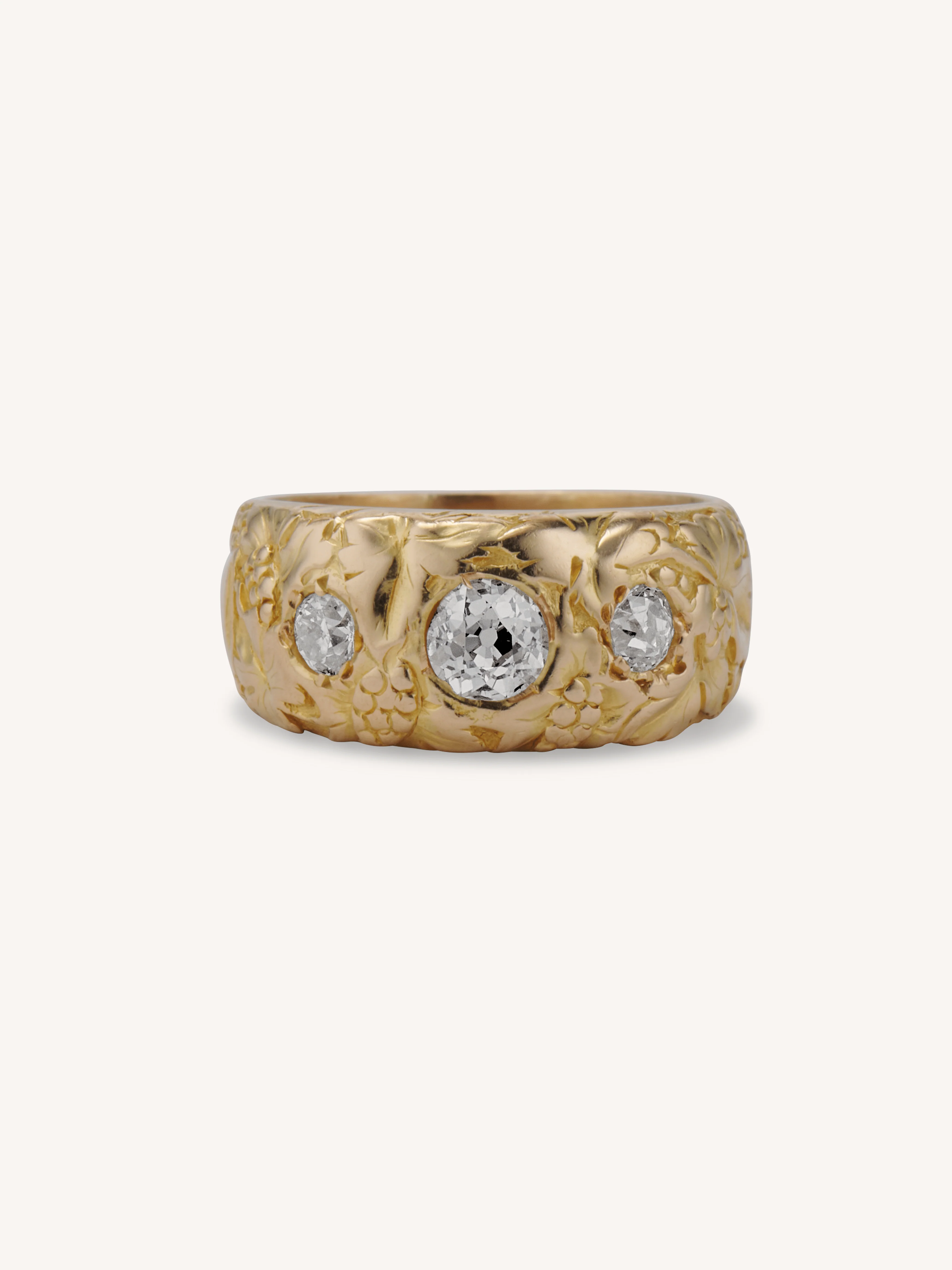 Antique Victorian Carved Grape & Vine 18k Gold Wide Band Diamond Ring