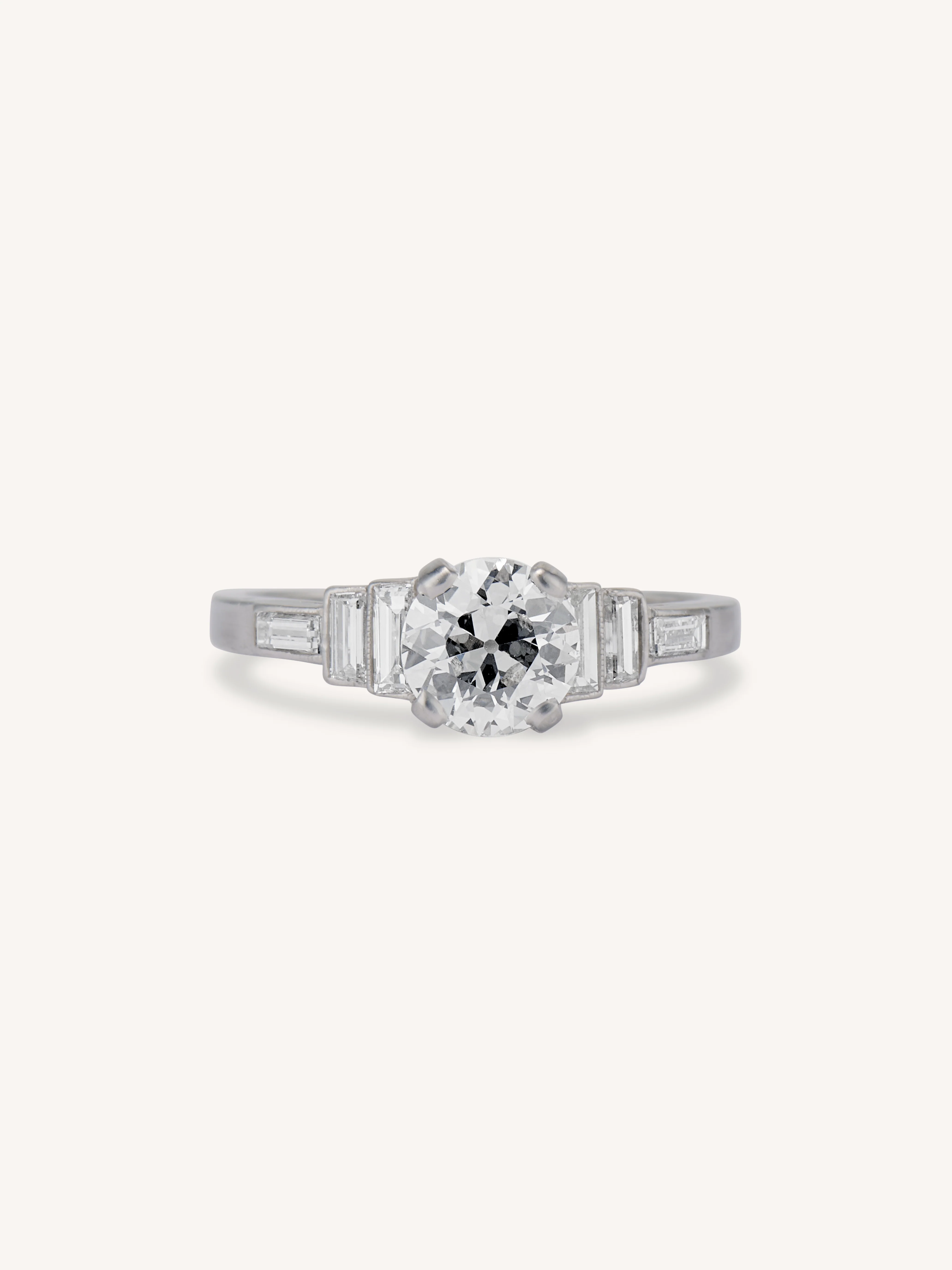 Art Deco .76 Carat Transitional Cut Diamond & Baguette Platinum Engagement Ring