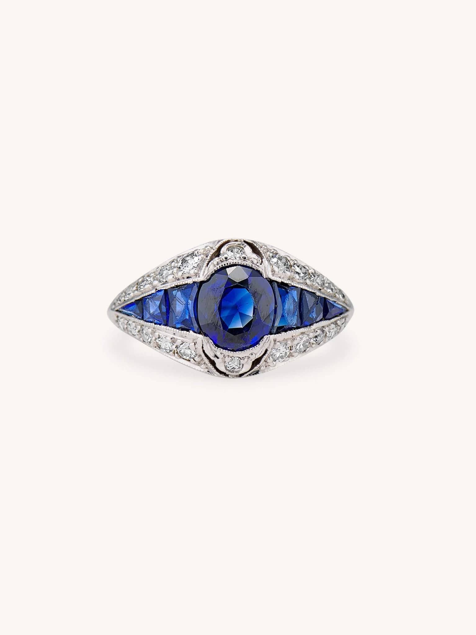Art Deco 1.24 Carat Oval Cut Sapphire & Diamond Dome Vintage Engagement Ring