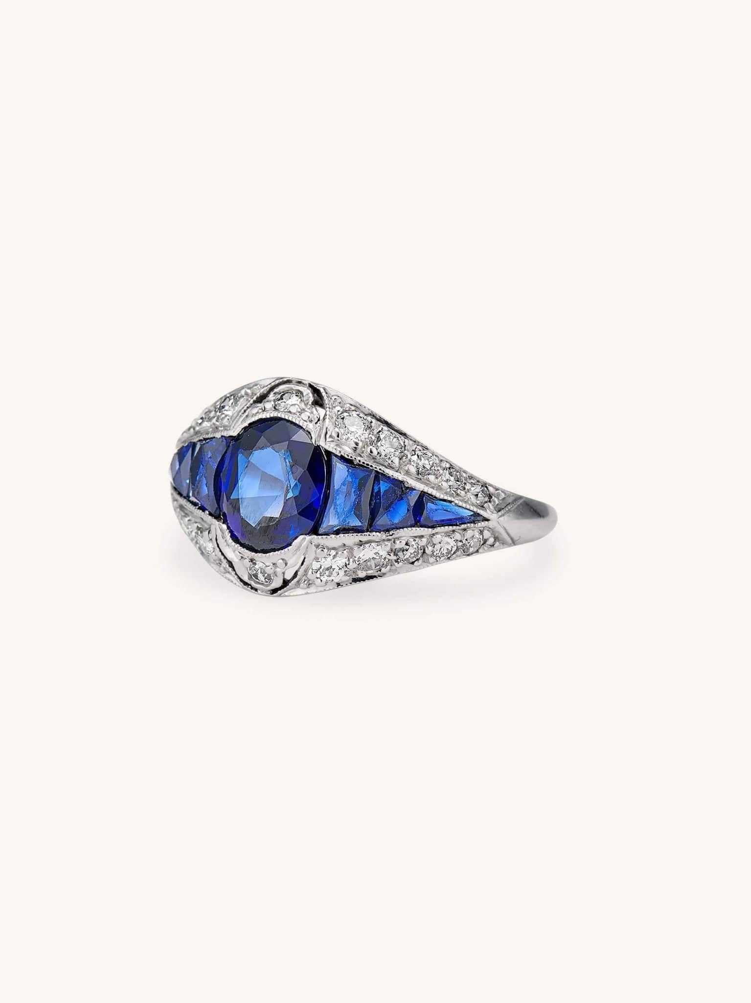 Art Deco 1.24 Carat Oval Cut Sapphire & Diamond Dome Vintage Engagement Ring - Image 2