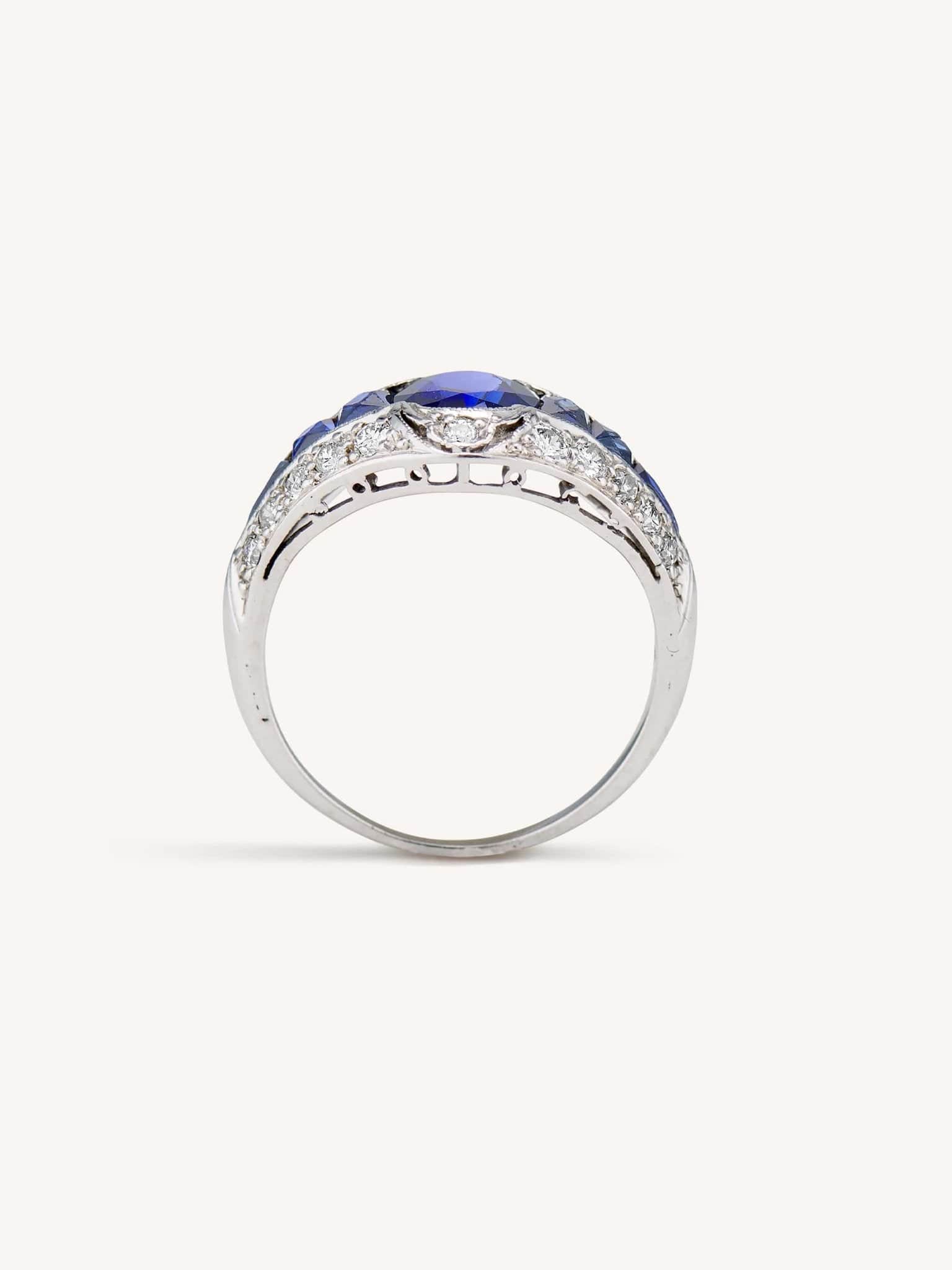 Art Deco 1.24 Carat Oval Cut Sapphire & Diamond Dome Vintage Engagement Ring - Image 4