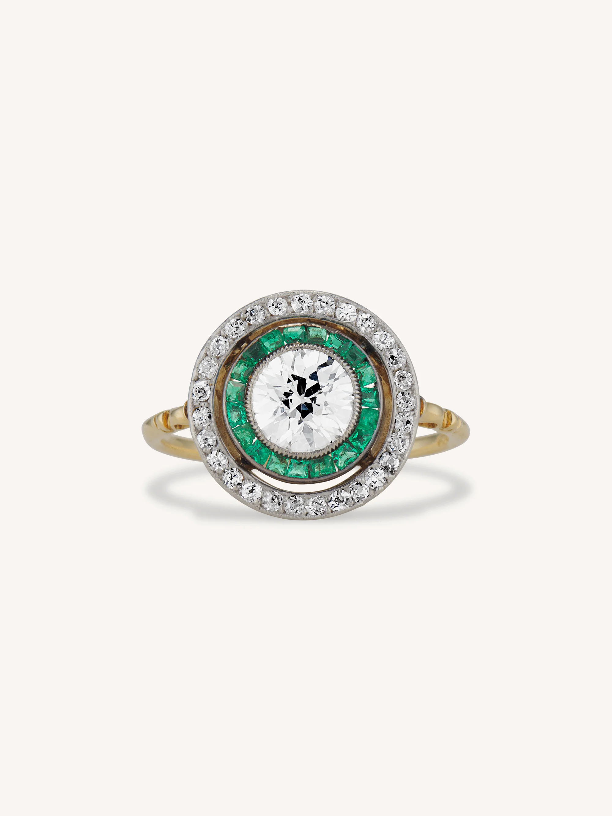 Art Deco 1.30 Carat Antique Old European Cut Diamond & Emerald Target Ring