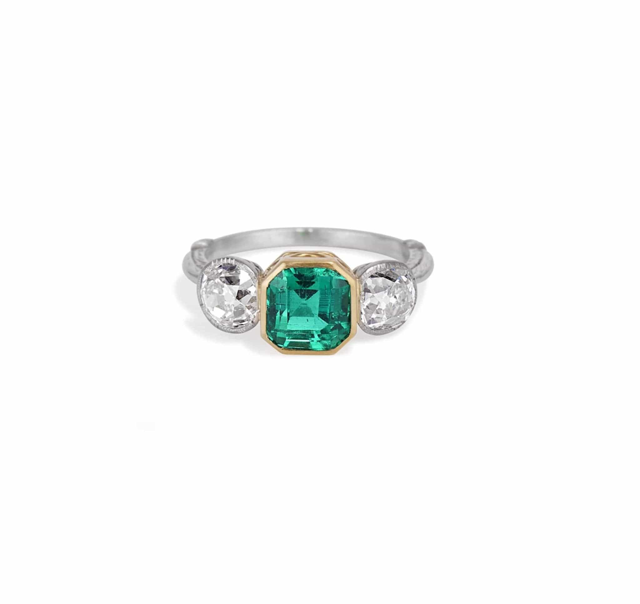 Art Deco Colombian Emerald and Diamond Three-Stone Ring