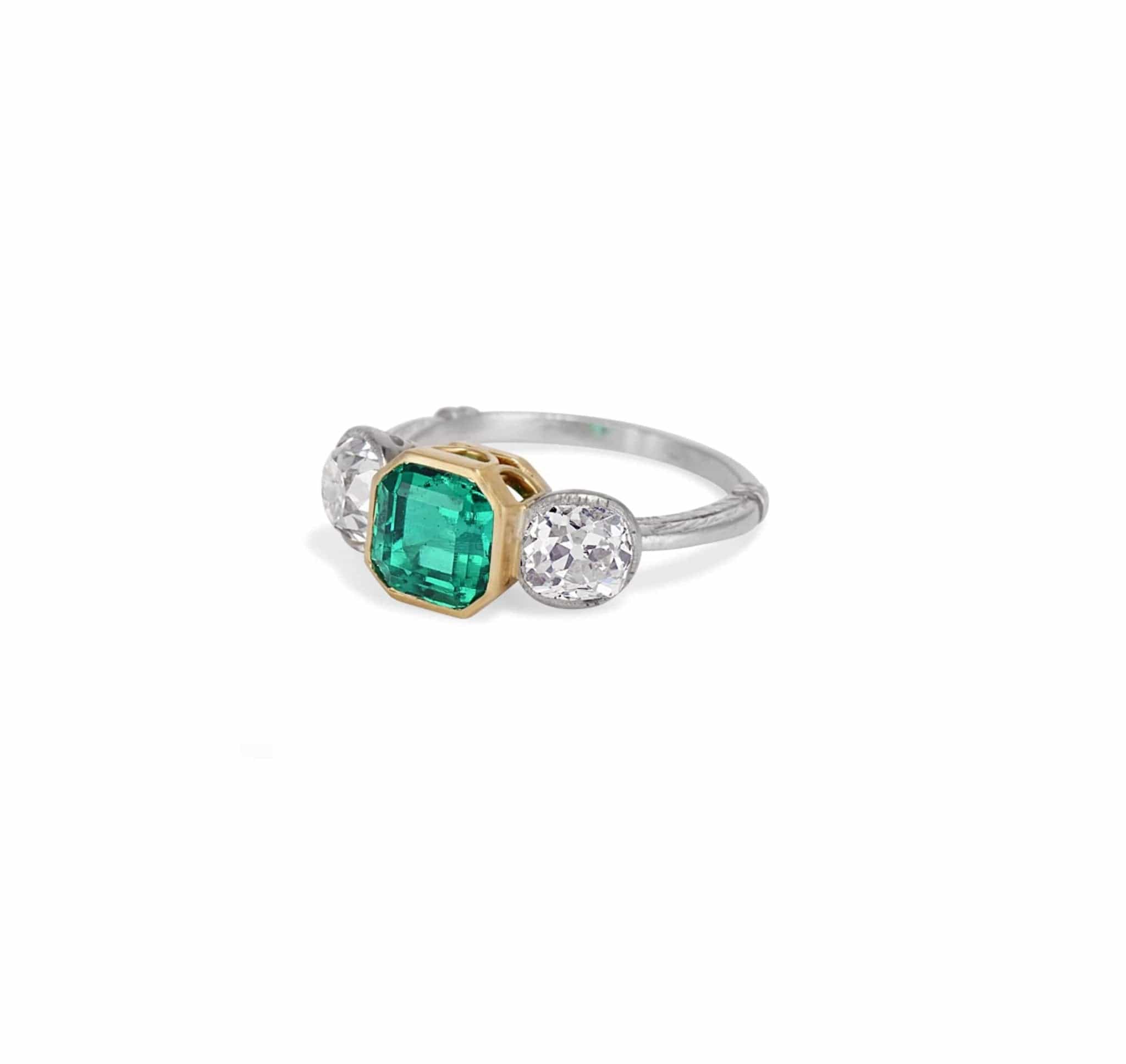 Art Deco Colombian Emerald and Diamond Three-Stone Ring - Image 2