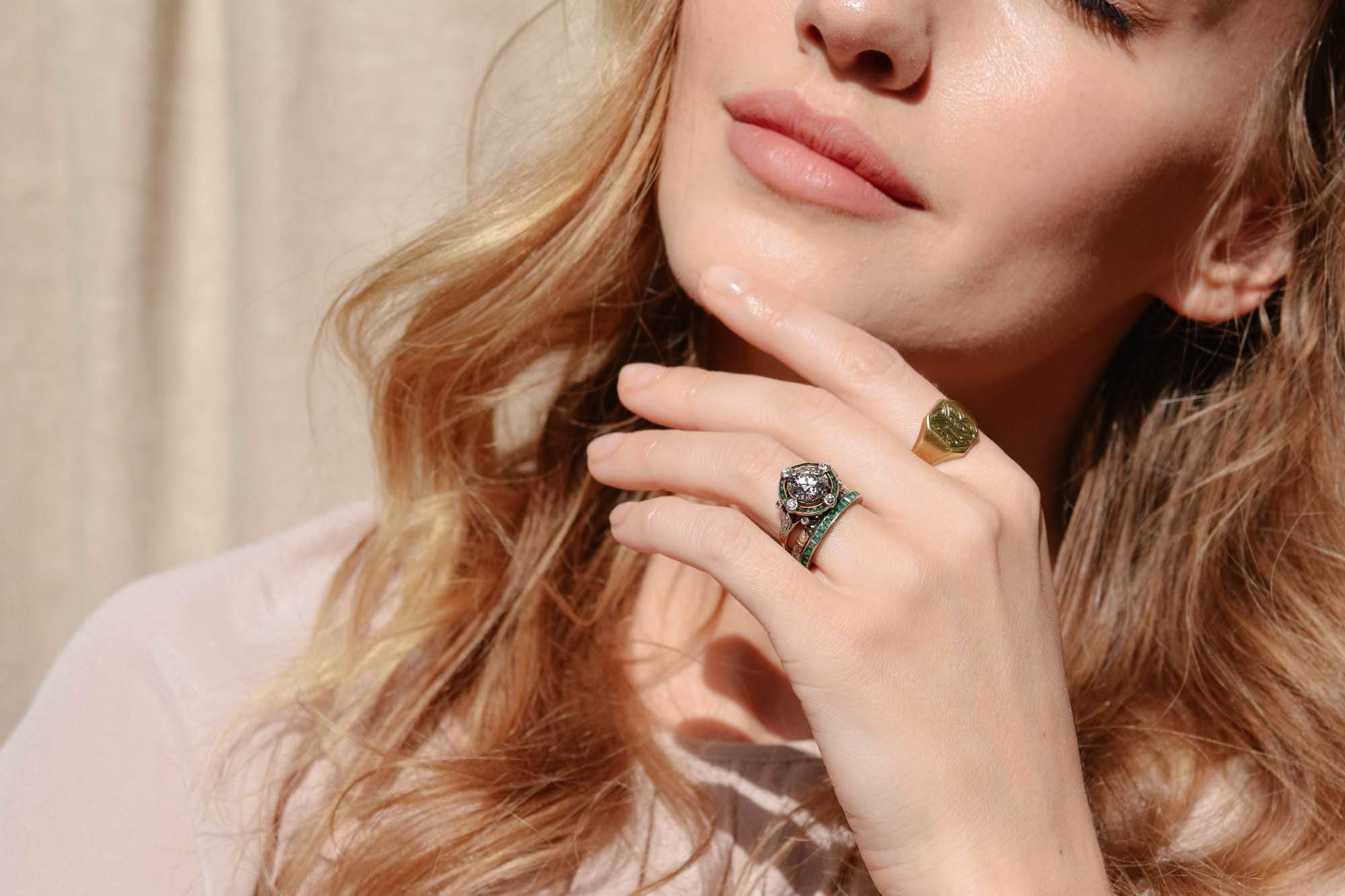 Art Deco 2.62 Old European Diamond and Emerald Ring - Image 5