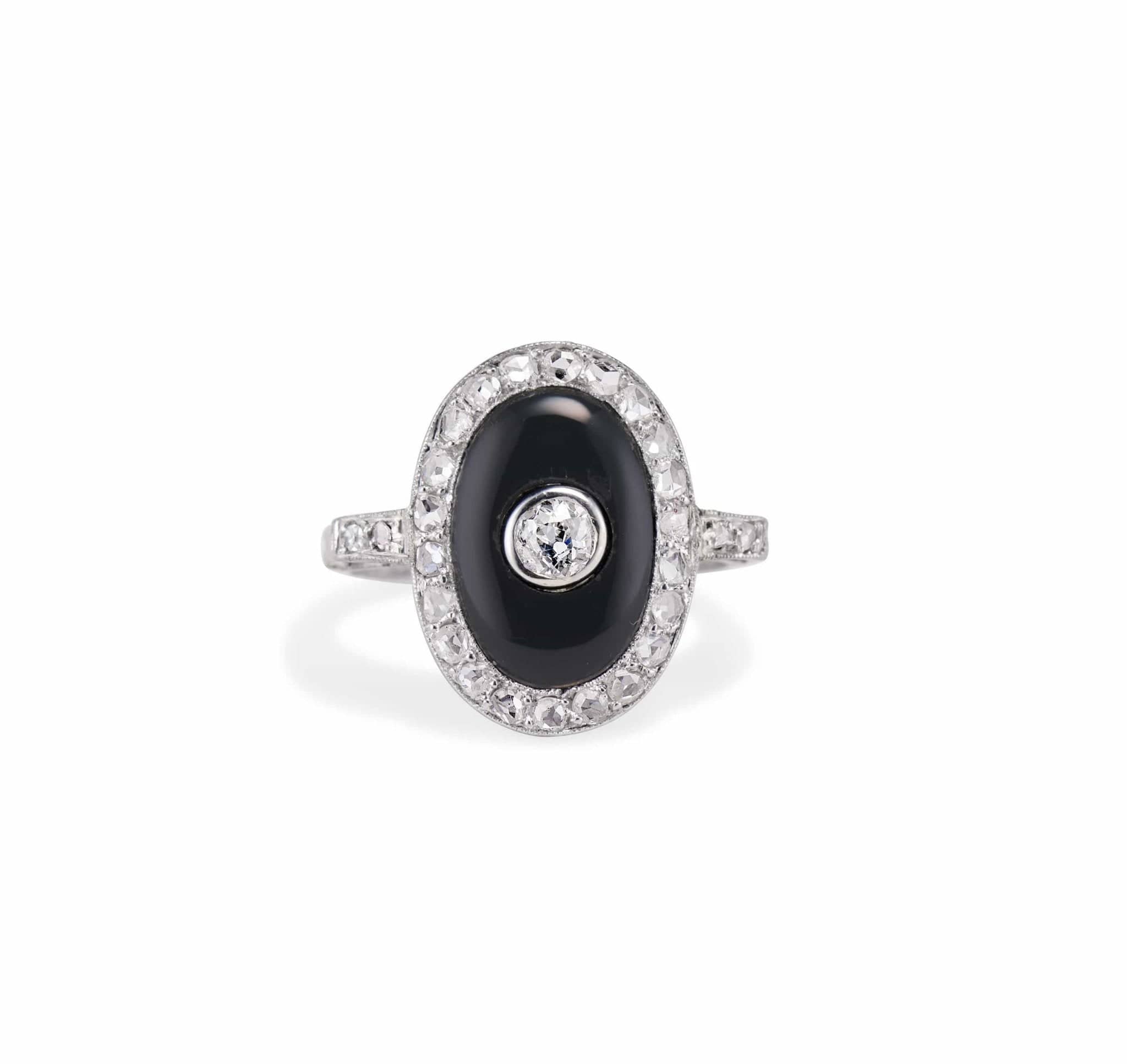 Art Deco .22 Old European Diamond and Onyx Ring