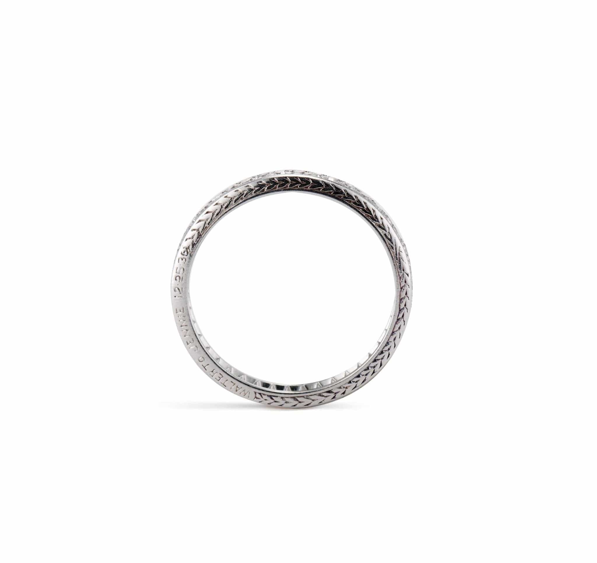 Art Deco .60 Carat Single Cut Diamond and Platinum Wheat Engraved Wedding Band - Image 2