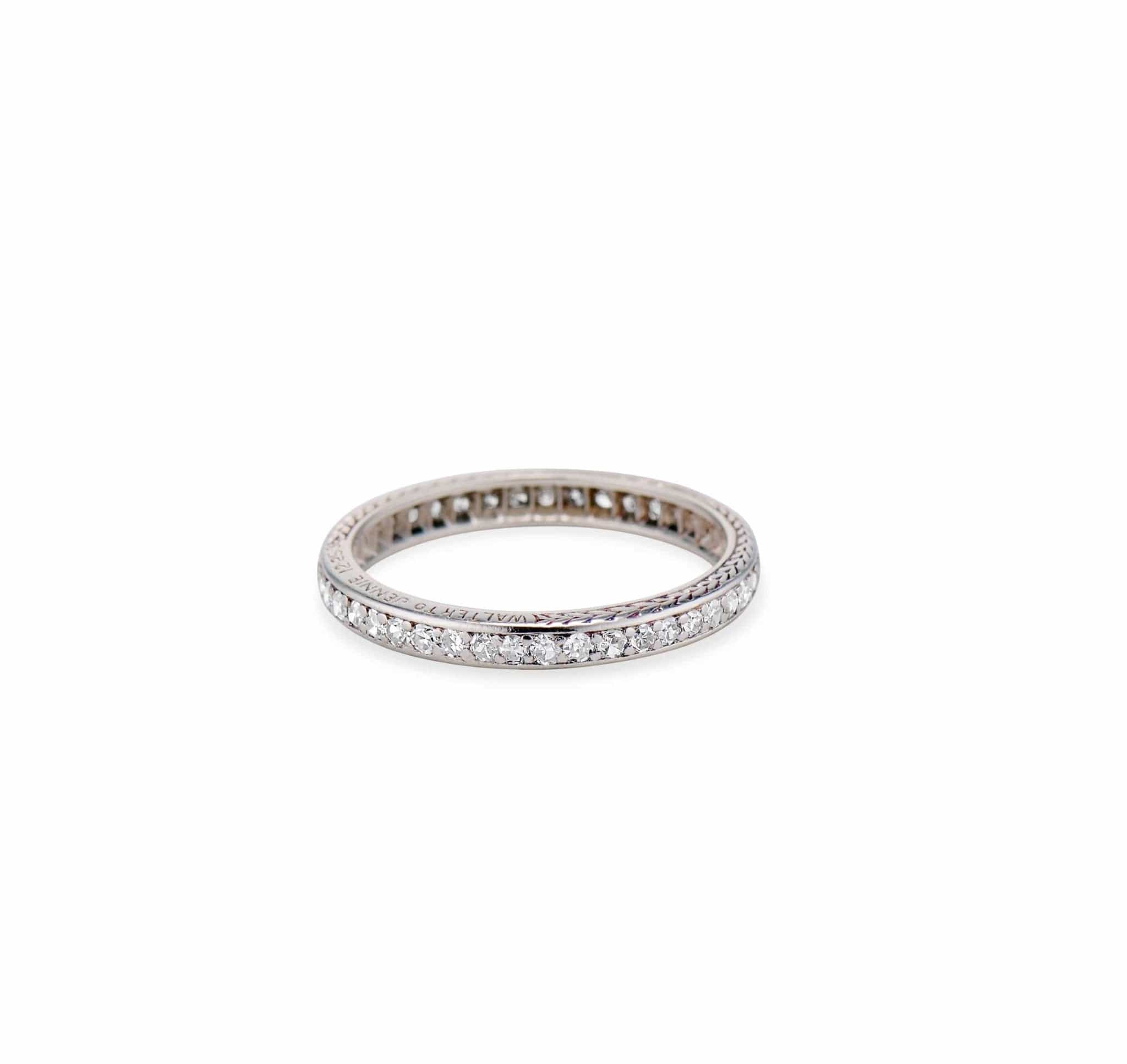 Art Deco .60 Carat Single Cut Diamond and Platinum Wheat Engraved Wedding Band - Image 3
