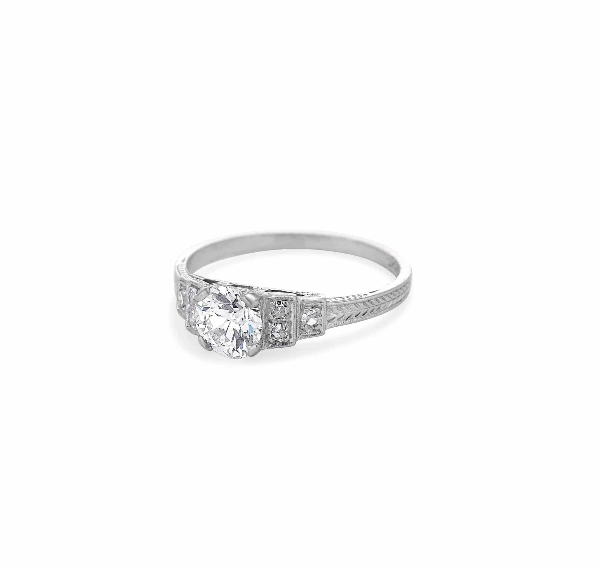 Art Deco .72 Carat Old European Cut Diamond Engraved Ring