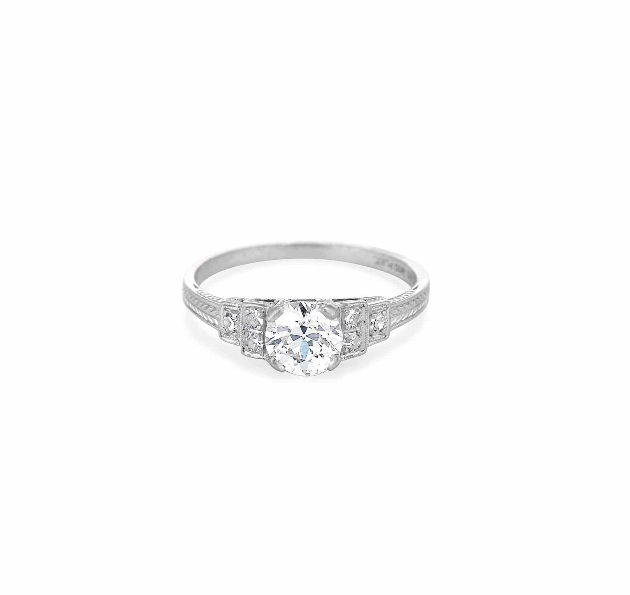 Art Deco .72 Carat Old European Cut Diamond Engraved Ring - Image 2