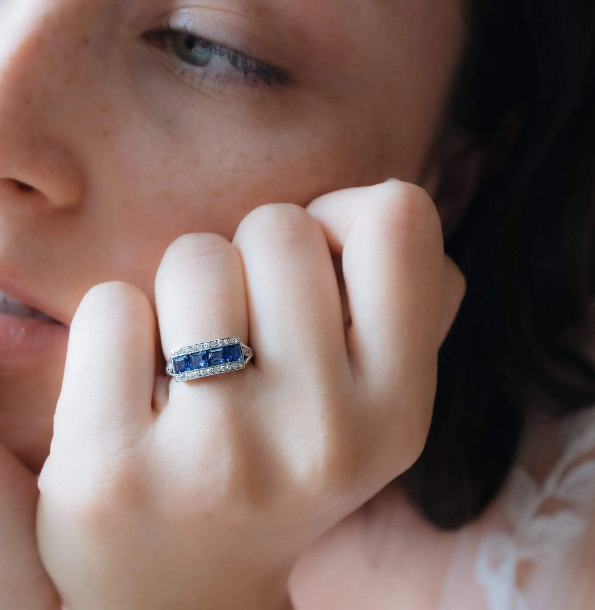 Art Deco French Calibré Cut Sapphire and Diamond Half Band - Image 5