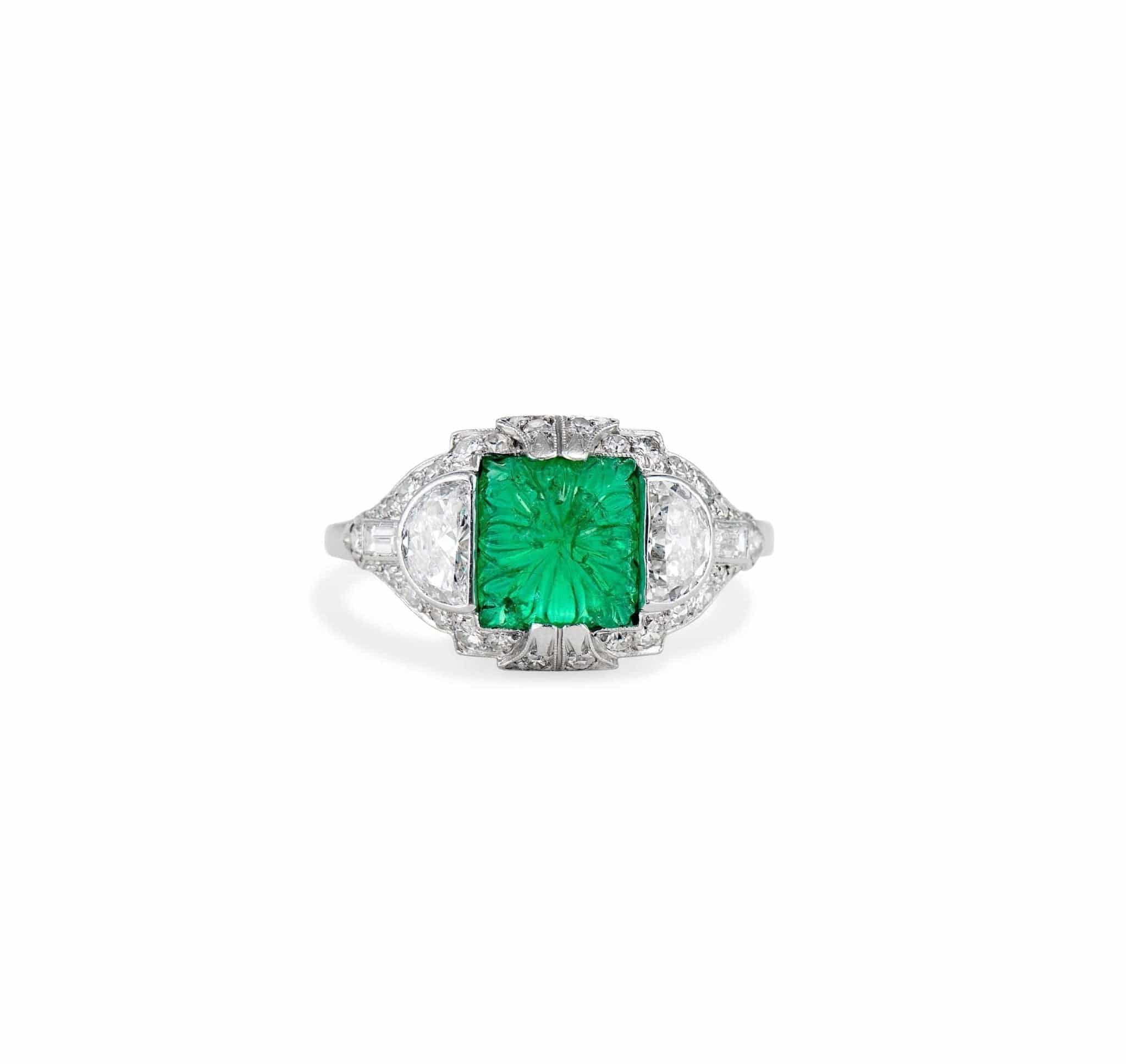 Art Deco 1.90 Carat Carved Sugarloaf Emerald and Diamond Ring