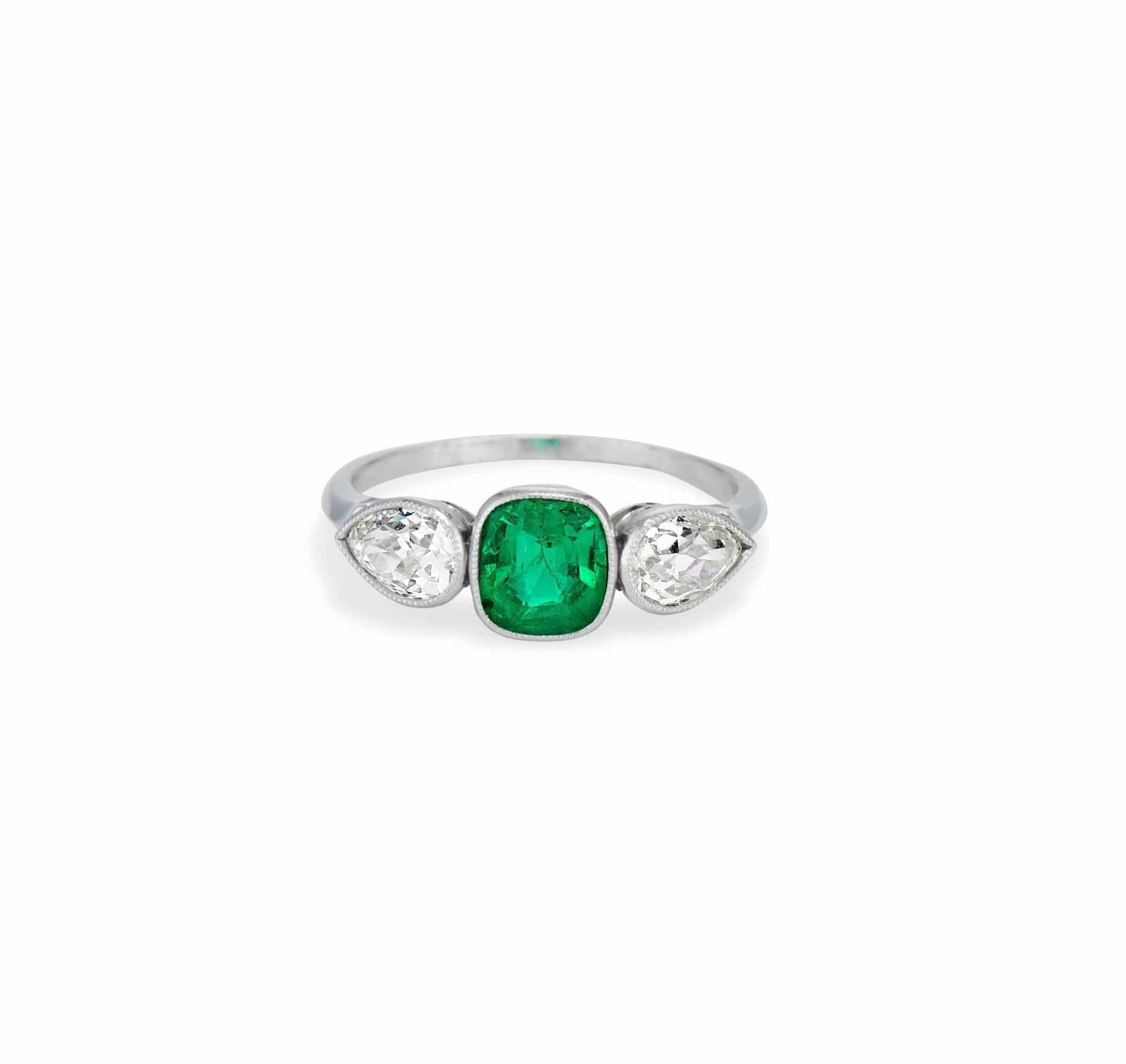 Art Deco Cushion-Cut Colombian Emerald and Diamond Three Stone Ring
