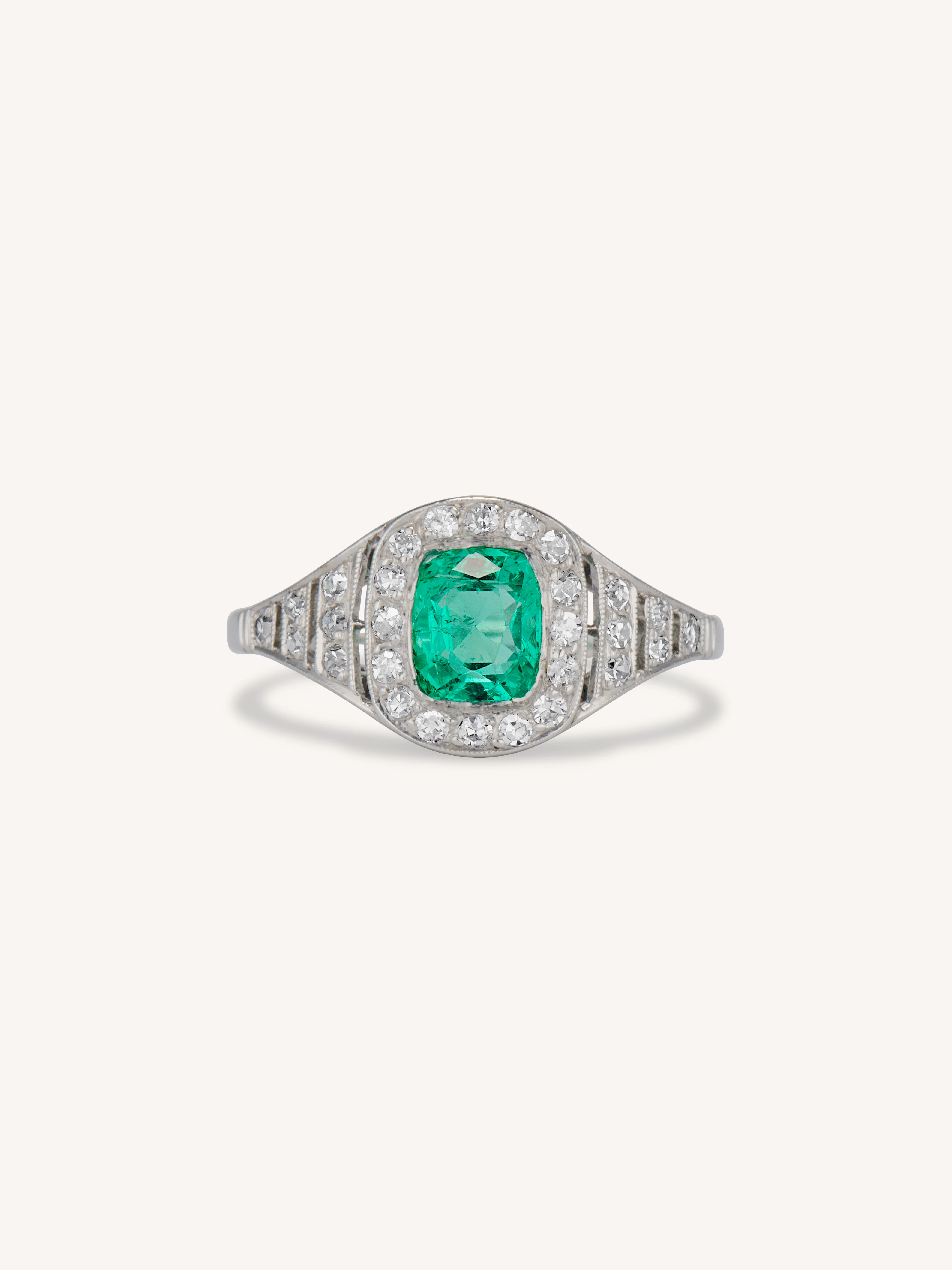 Art Deco Cushion Cut Colombian Emerald & Diamond Bombé Ring, France