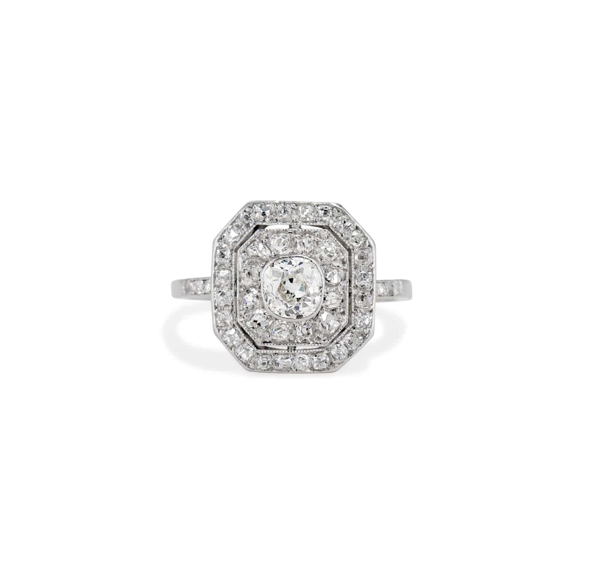 Art Deco Old Mine Cushion Diamond and Platinum Octagonal Diamond Engagement Ring, French