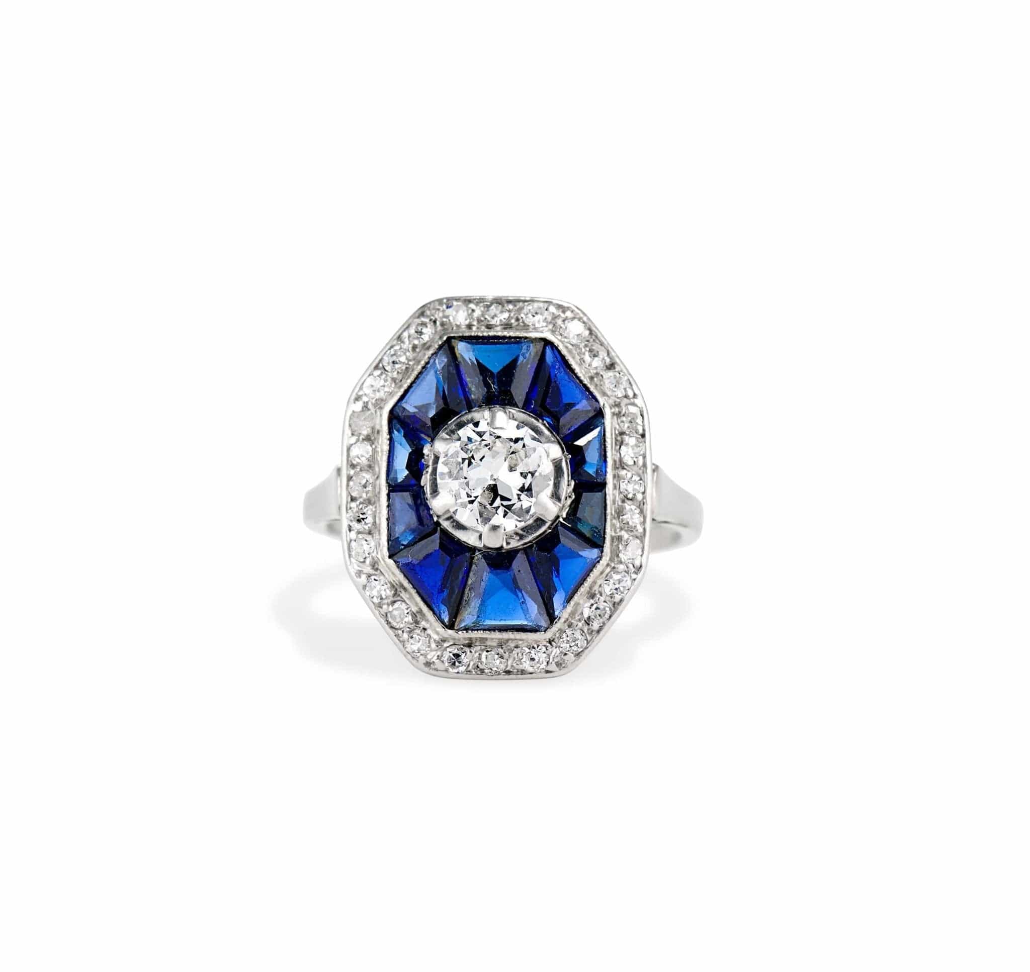 Art Deco Diamond and Sapphire Octagonal Engagement Ring