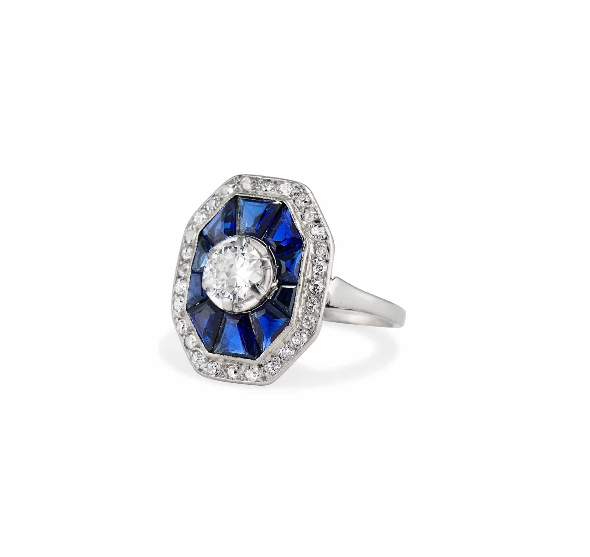 Art Deco Diamond and Sapphire Octagonal Engagement Ring - Image 2