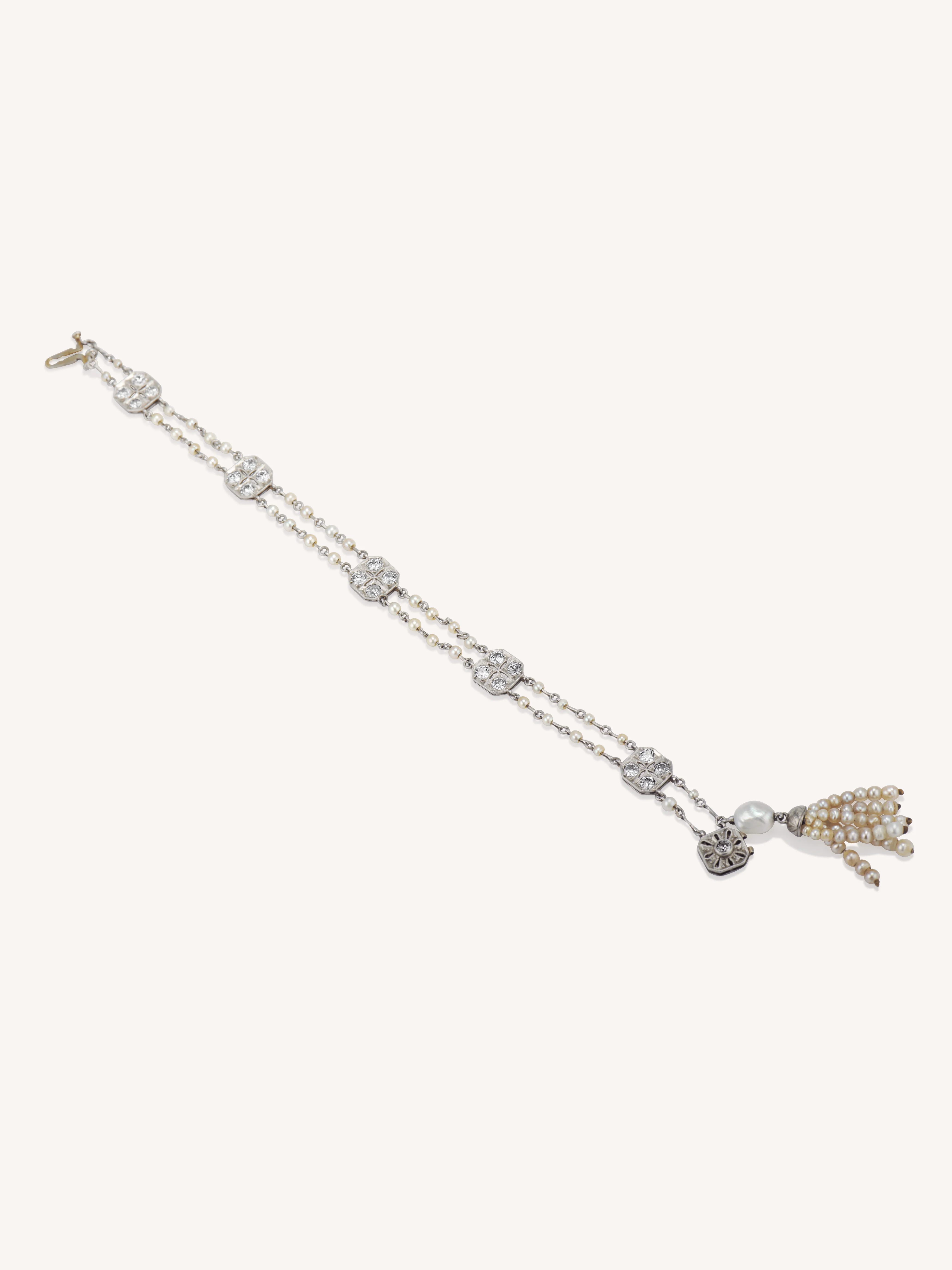 Art Deco Diamond & Pearl Tassel Antique Bracelet - Image 5