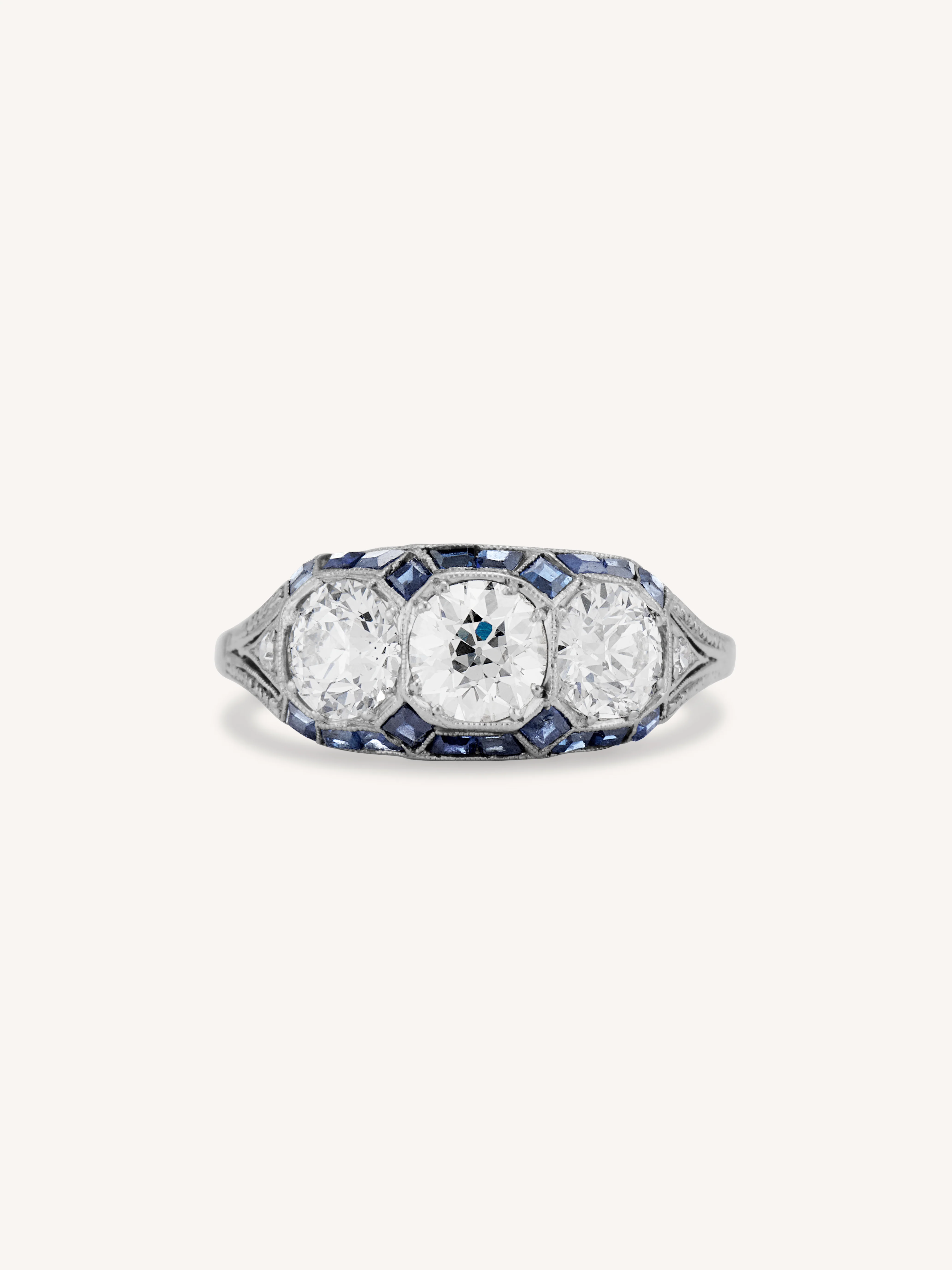Art Deco Diamond Three Stone with Calibre Cut Sapphire Vintage Engagement Ring