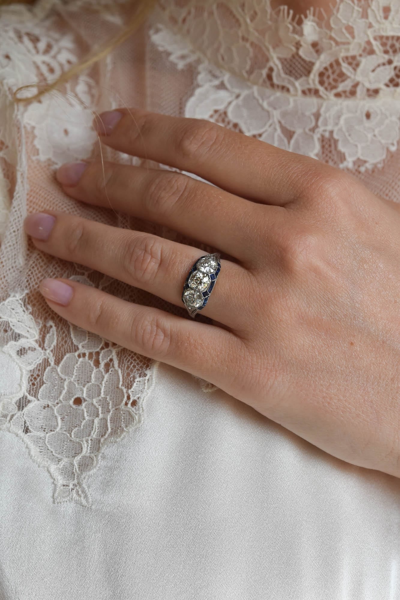 Art Deco Diamond Three Stone with Calibre Cut Sapphire Vintage Engagement Ring - Image 2