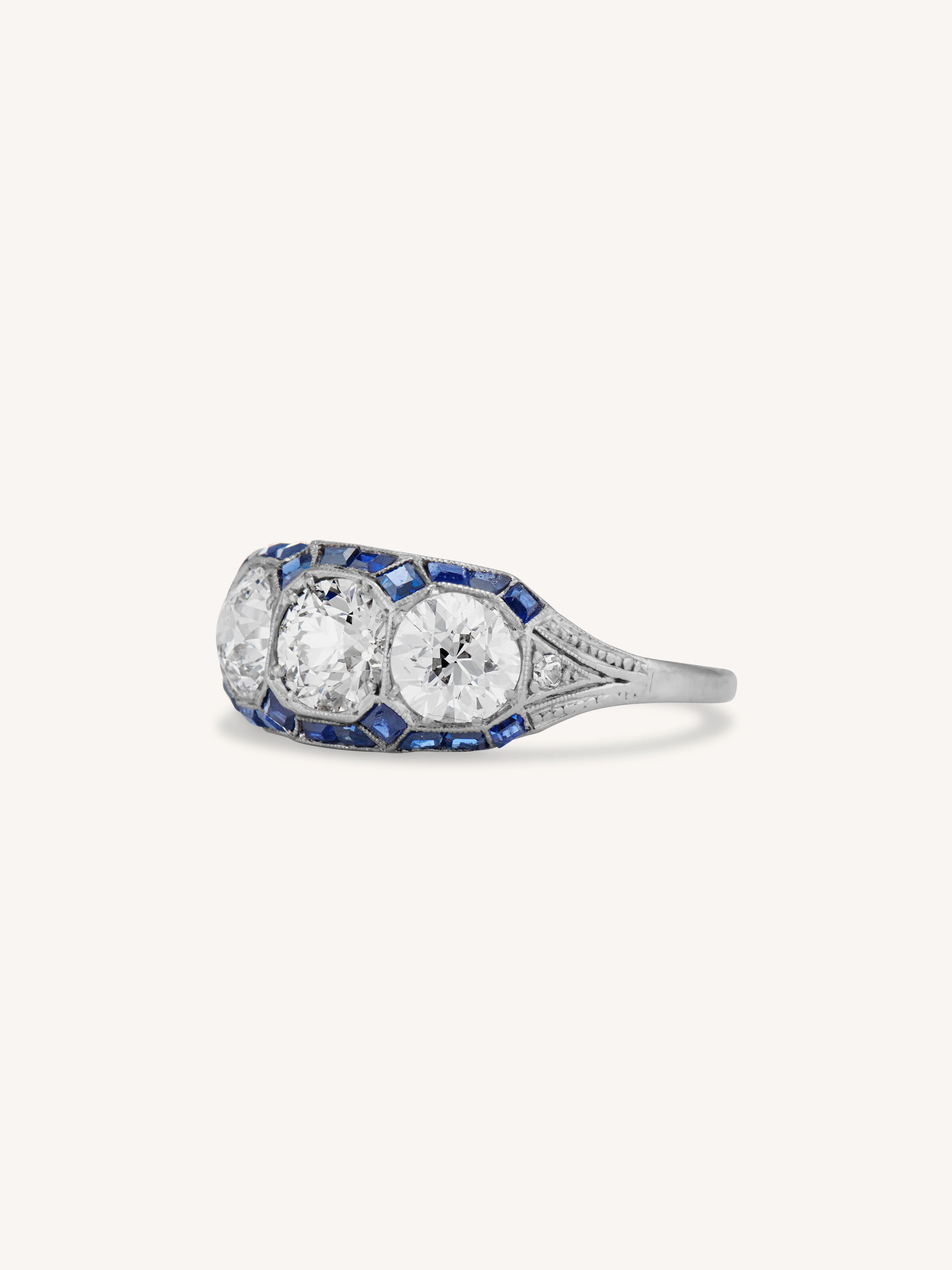 Art Deco Diamond Three Stone with Calibre Cut Sapphire Vintage Engagement Ring - Image 4