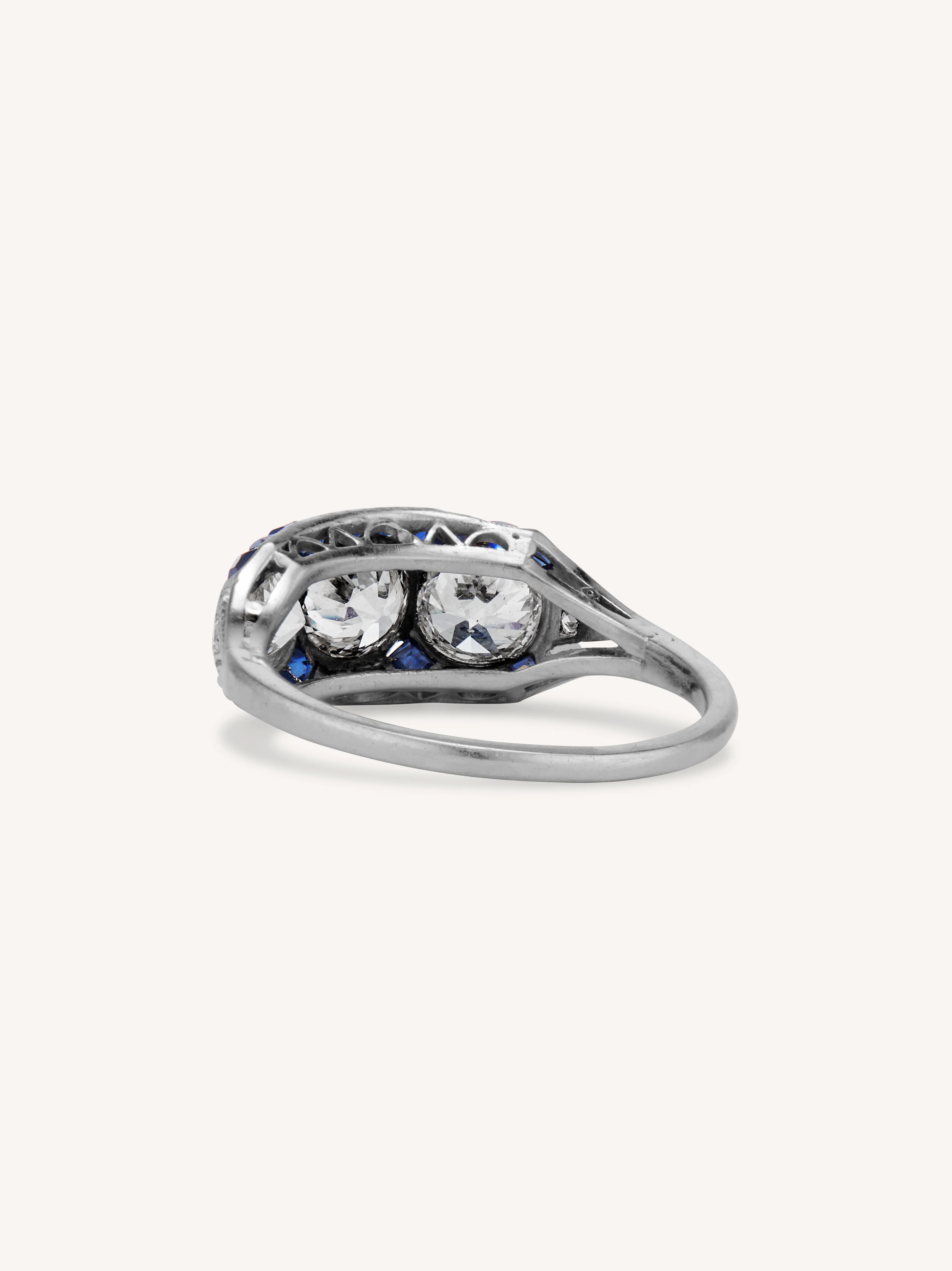 Art Deco Diamond Three Stone with Calibre Cut Sapphire Vintage Engagement Ring - Image 5