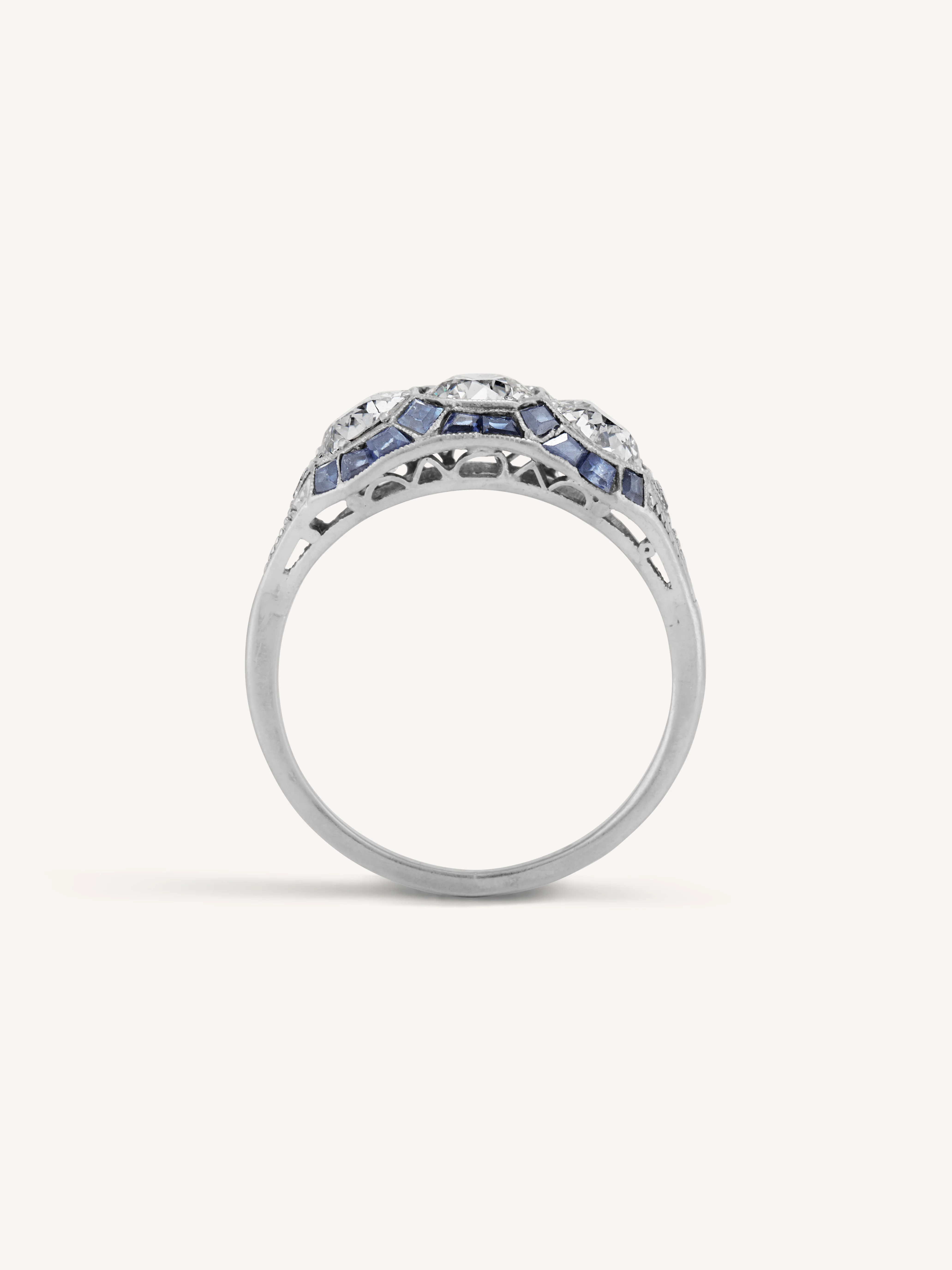 Art Deco Diamond Three Stone with Calibre Cut Sapphire Vintage Engagement Ring - Image 6