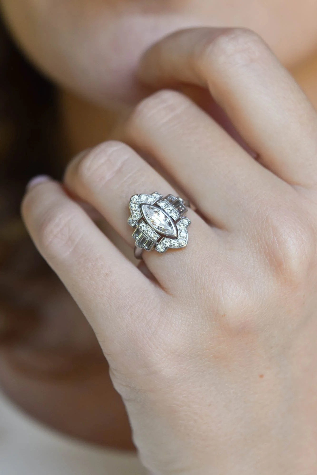Art Deco Marquise Cut Diamond Vintage Engagement Ring - Image 2